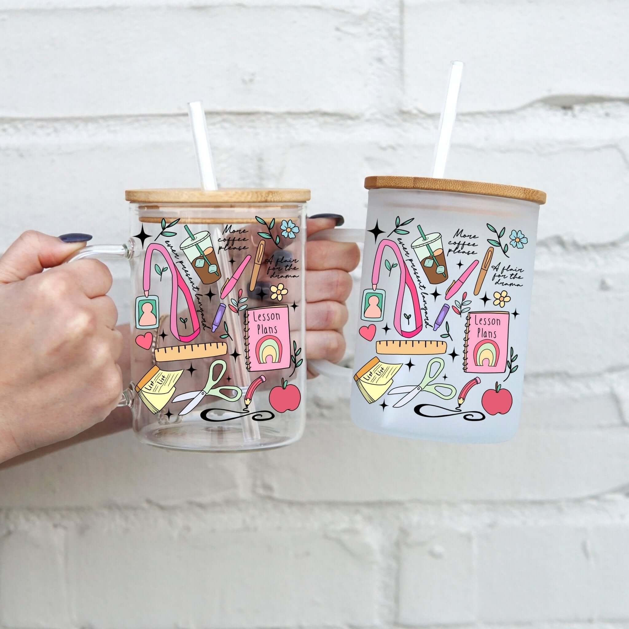 Teacher 17oz Glass Mug With Lid and Straw