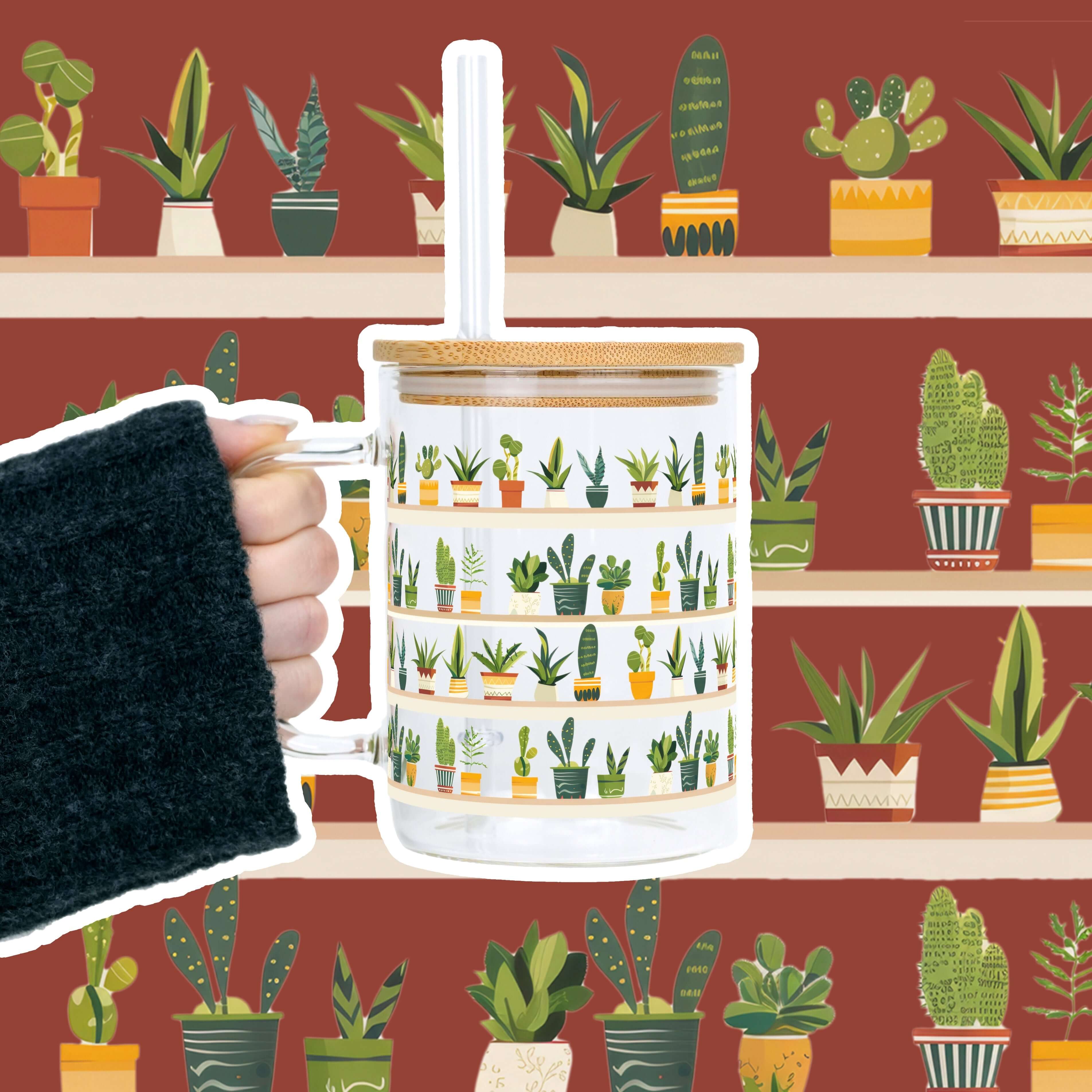 The Succulent Lover 17oz Glass Mug With Lid and Straw