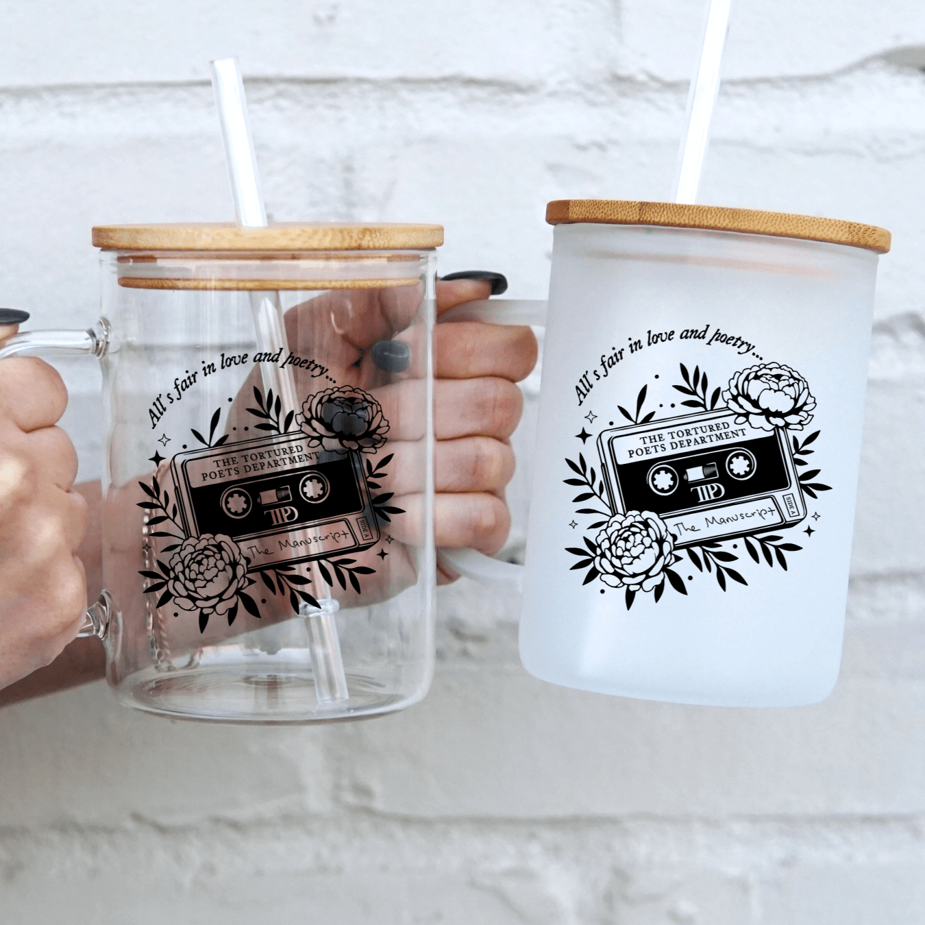 The Tortured Poets Glass 17oz Glass Mug With Lid and Straw
