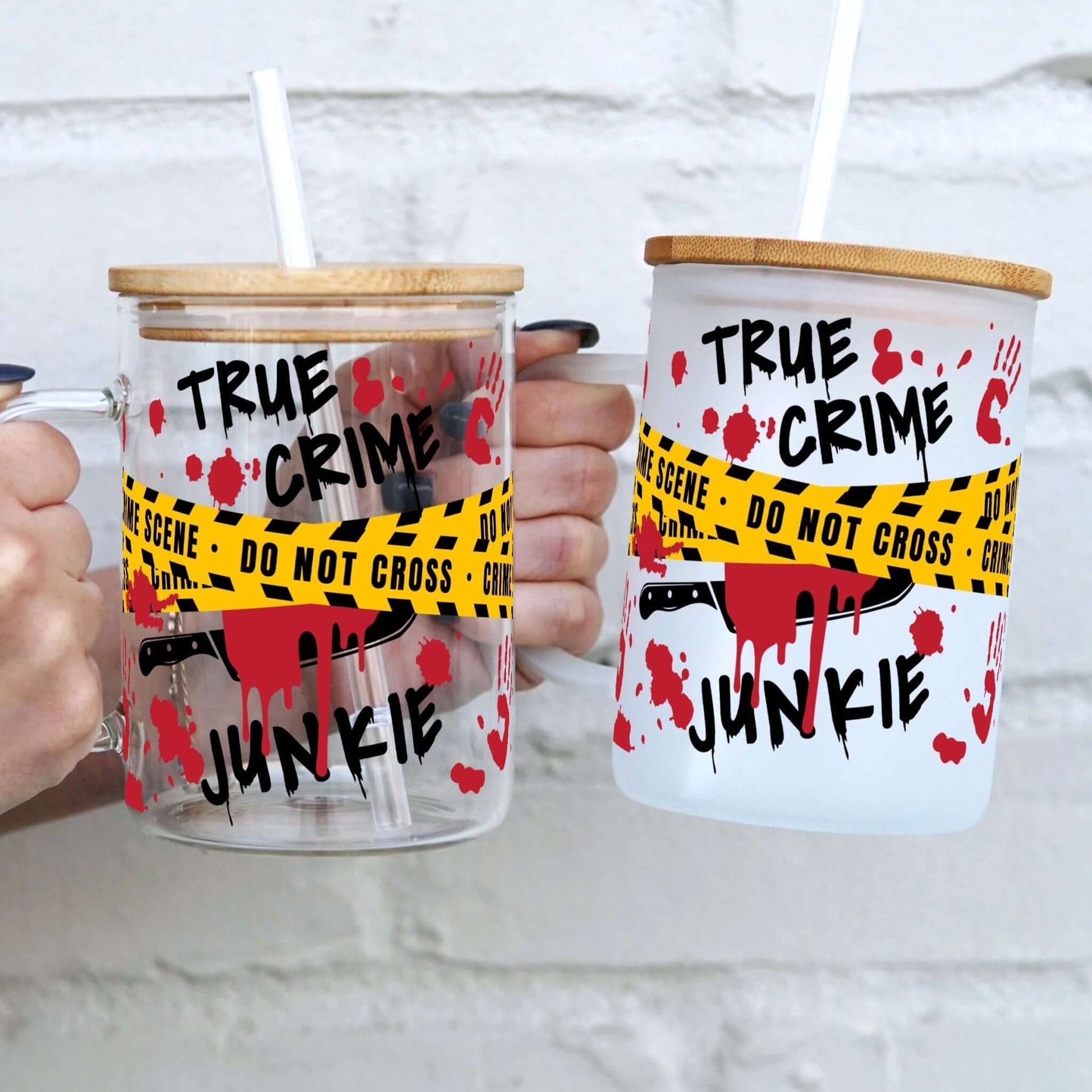True Crime Junkie 17oz Glass Mug With Lid and Straw from Sip Sip Hooray – Drinkware