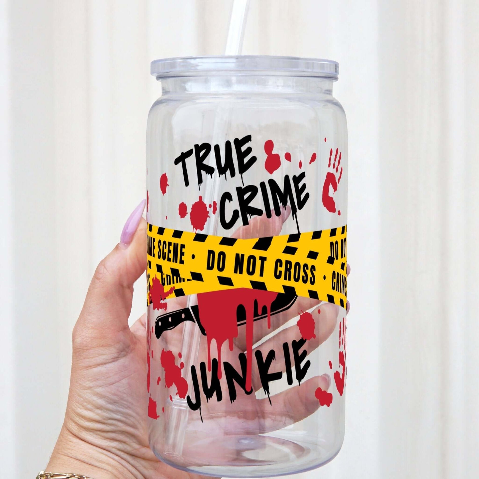 True Crime Junkie Cup With Lid and Straw from Sip Sip Hooray – Drinkware
