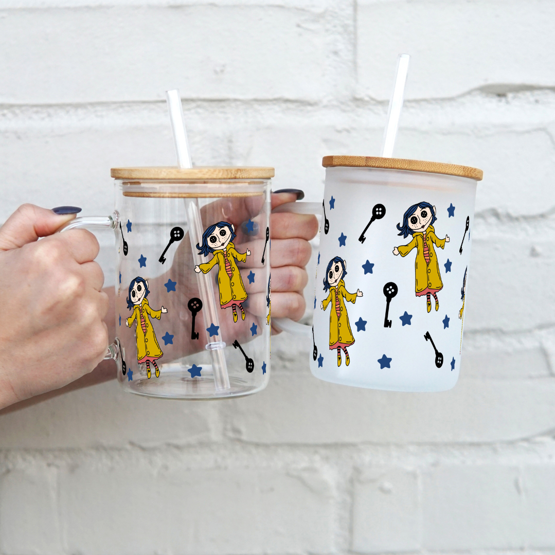 Button Doll Inspired 17oz Glass Mug with Lid and Straw