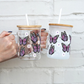 Purple Butterfly 17oz Glass Mug with Lid and Straw