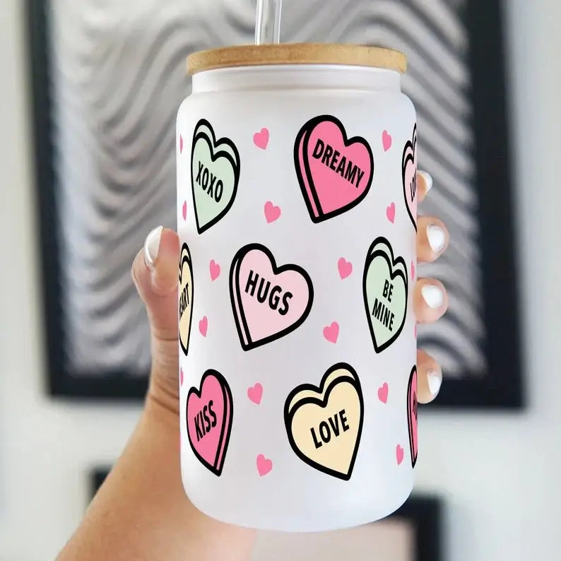 Valentines Day Candy Hearts Can Cup With Lid and Straw from Sip Sip Hooray – Tumblers