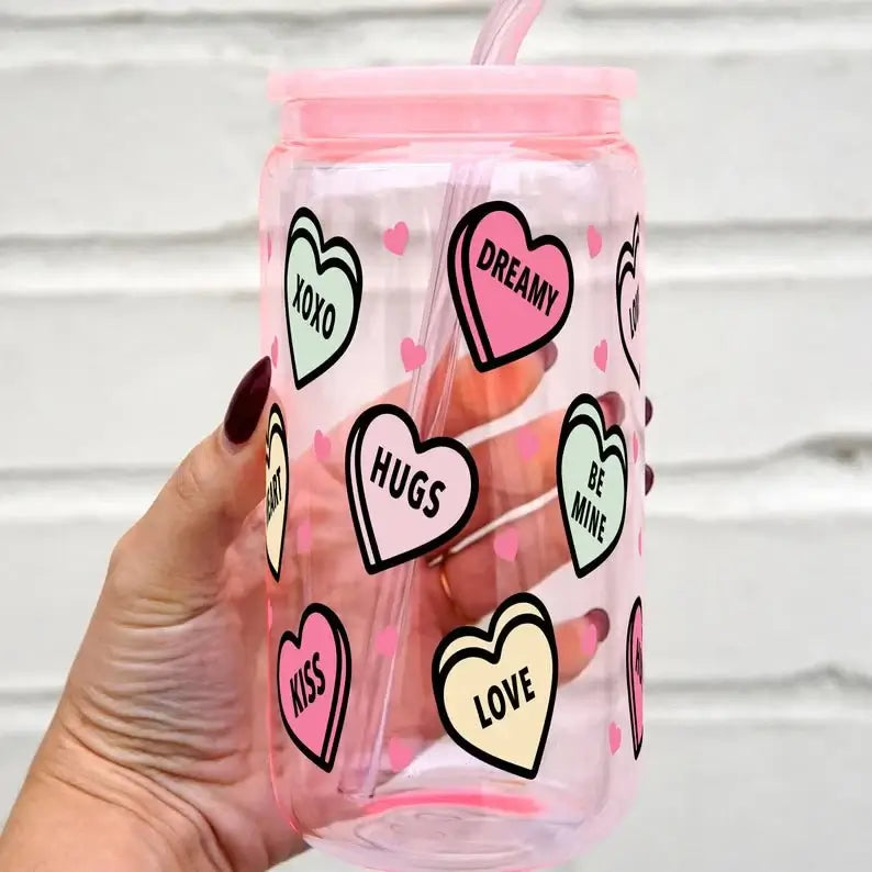 Valentines Day Candy Hearts Can Cup With Lid and Straw from Sip Sip Hooray – Tumblers