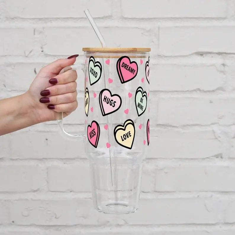 Valentines Day Candy Hearts 40oz Glass or Plastic Tumbler With Lid and Starw from Sip Sip Hooray – Tumblers