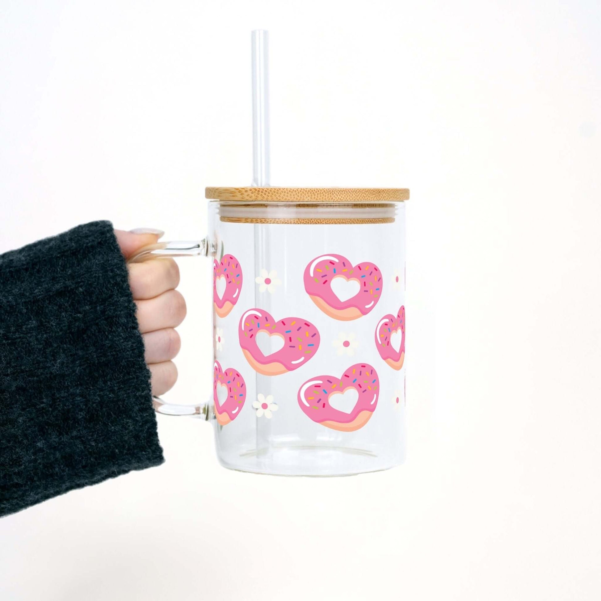 Valentine's Day Donut Heart 17oz Glass Mug With Lid and Straw from Sip Sip Hooray – Mugs