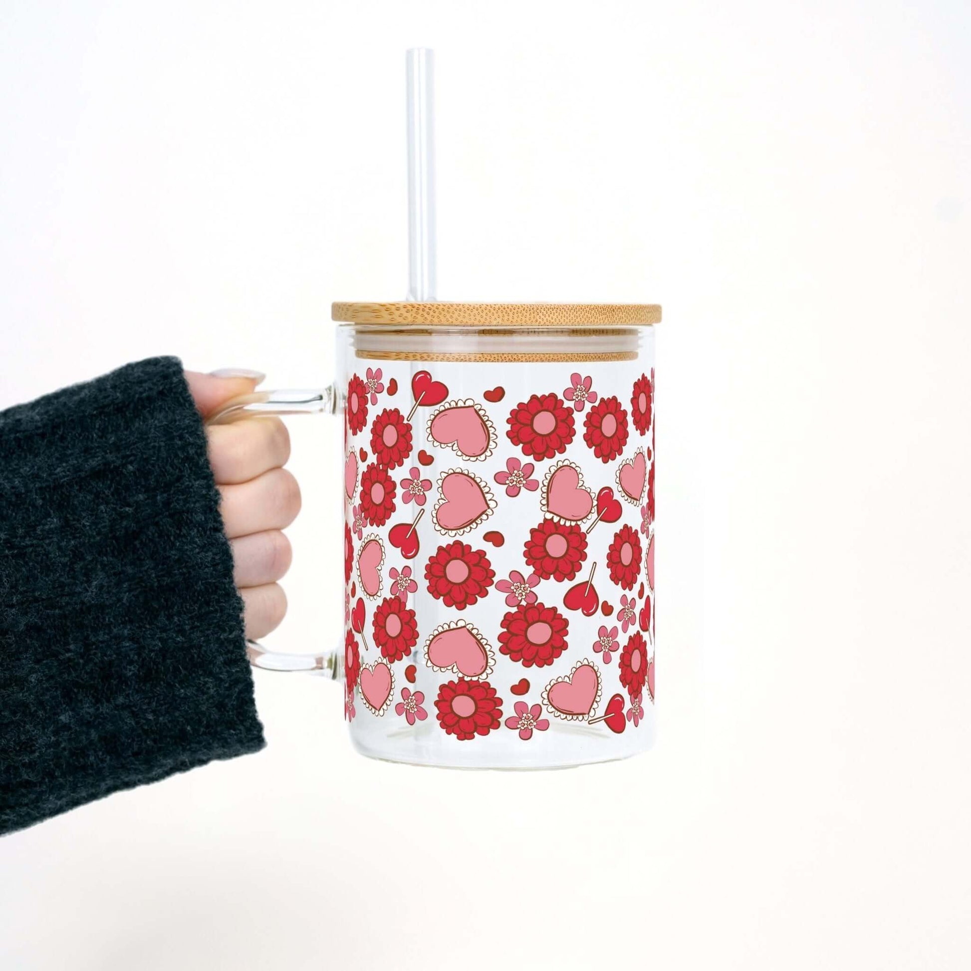 Valentine's Day Flowers and Candy 17oz Glass Mug With Lid and Straw from Sip Sip Hooray – Mugs