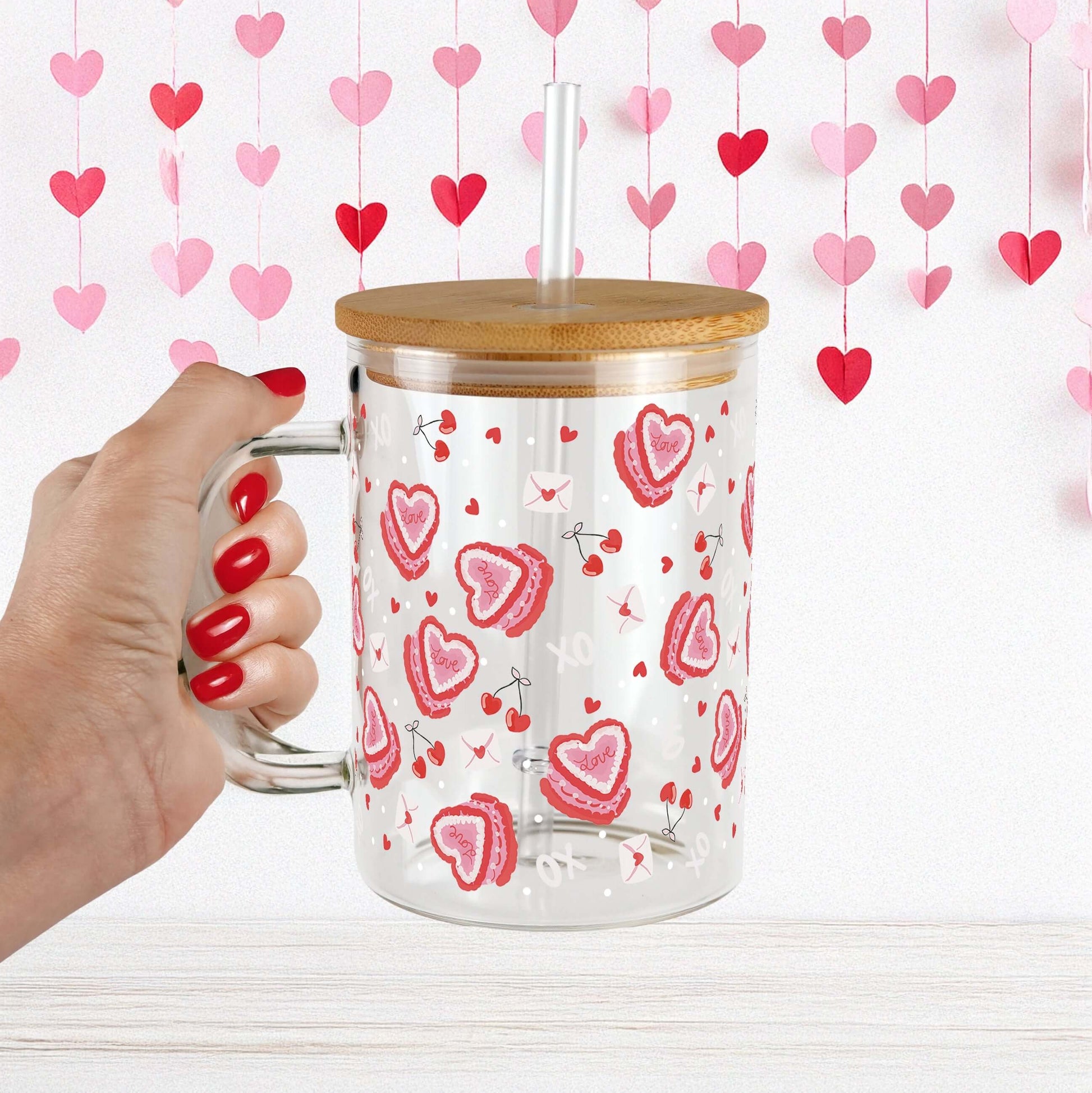 Valentine's Day Heart Cakes 17oz Glass Mug With Lid and Straw from Sip Sip Hooray – Mugs
