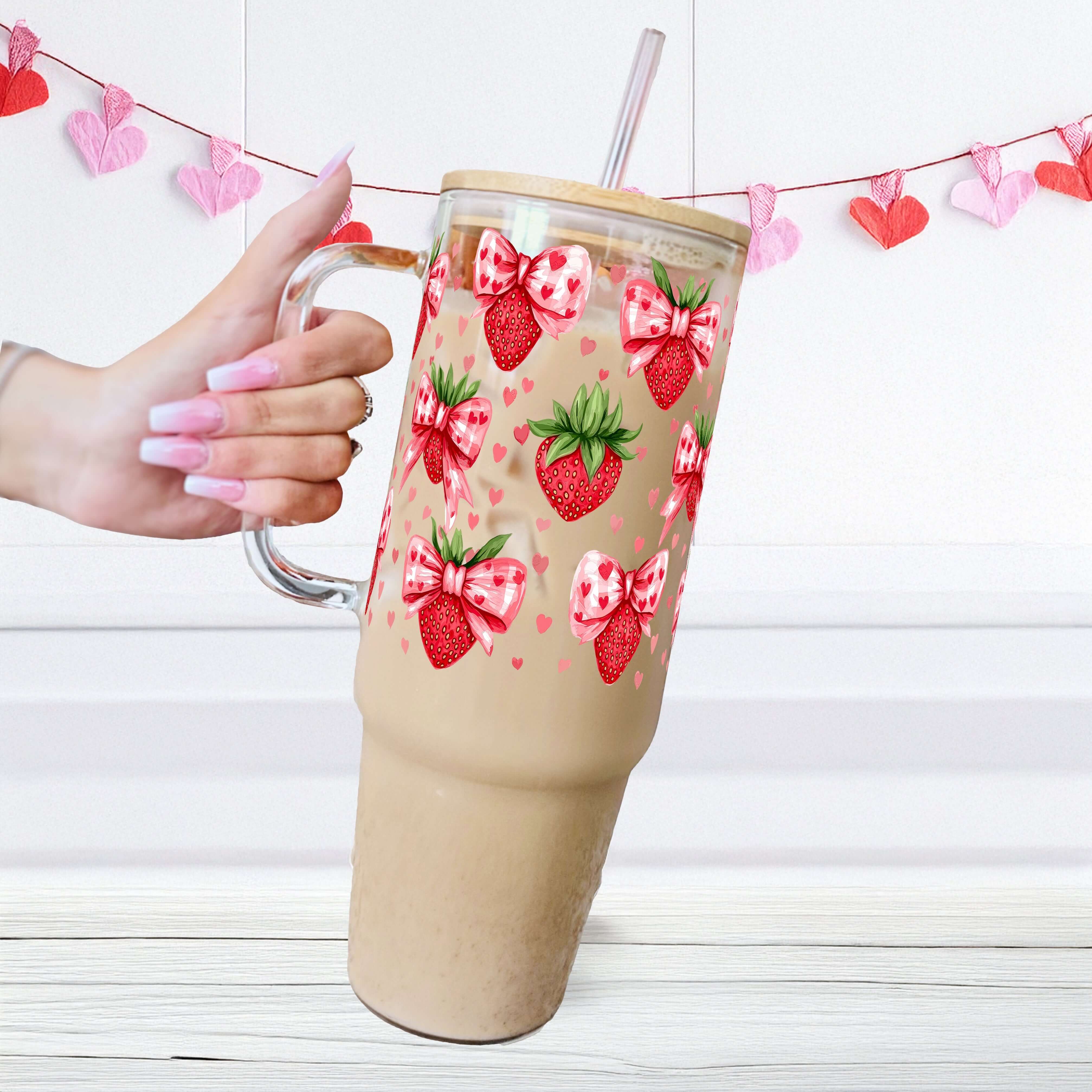 Valentine's Day Strawberry Bows Tumbler With Lid and Straw