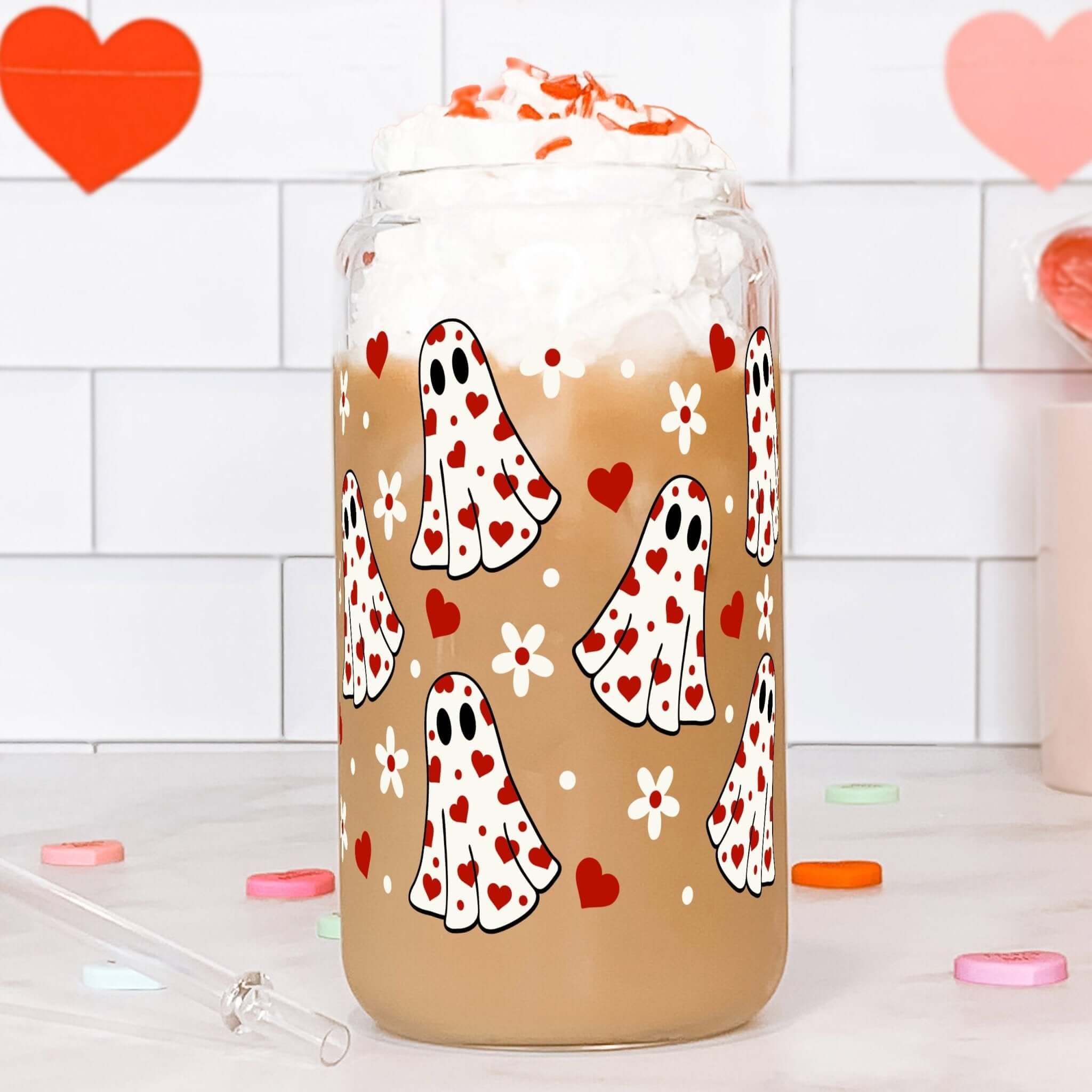 Valentine's Spooky Heart Ghost Cup with Lid and Straw