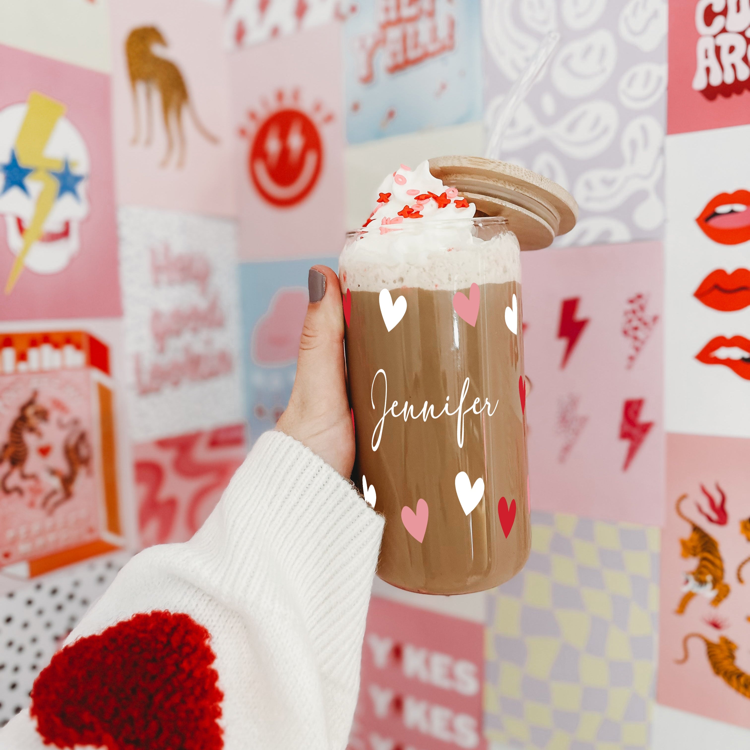 Personalized Hearts Glass Can Cup with Lid and Straw