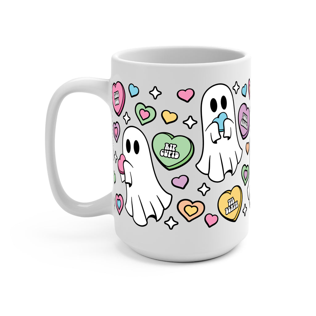 Valentine's Day Candy Hearts Ghostie Glass Cup, Mug & Tumbler with Lid and Straw