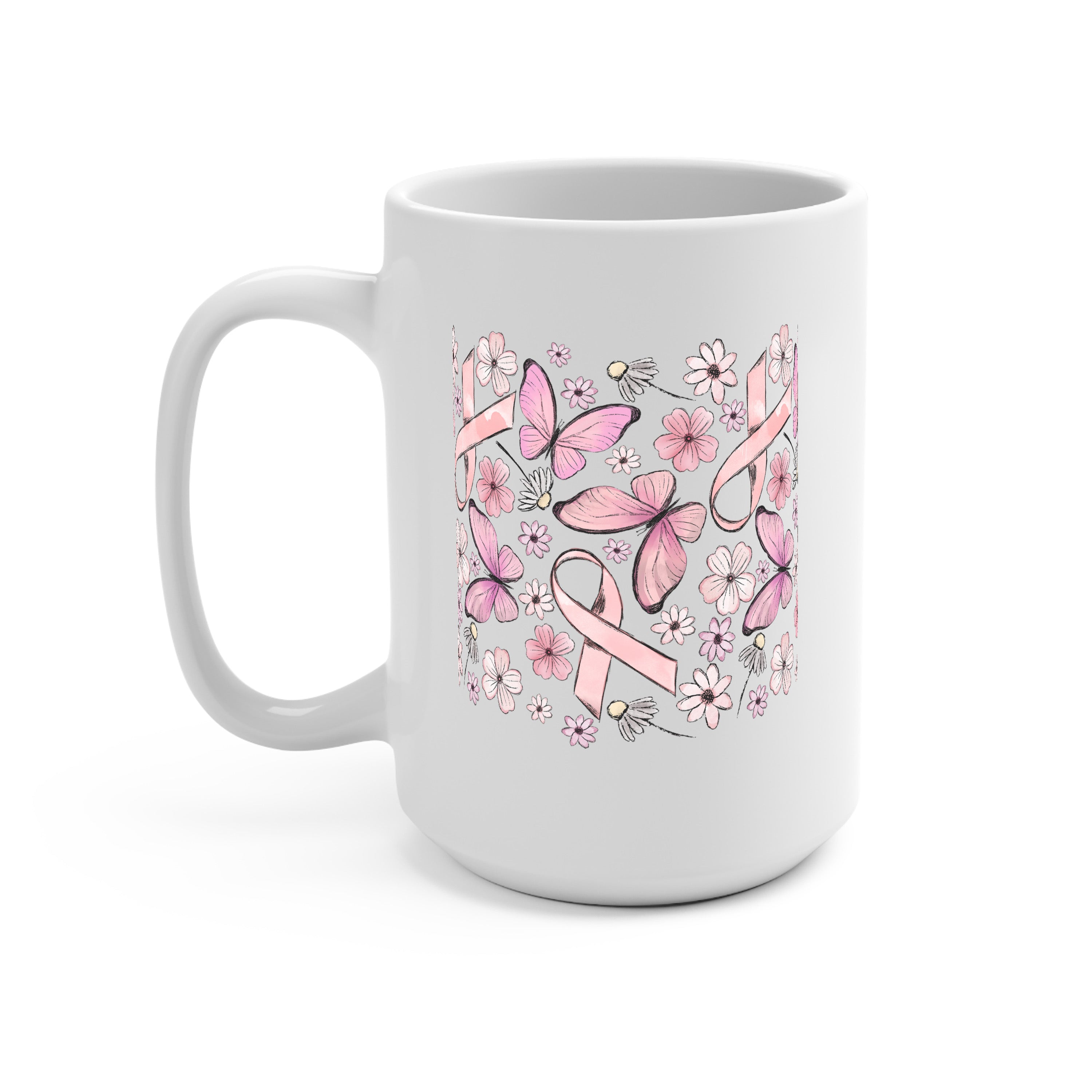 Breast Cancer Awareness Pink Ribbon Glass Cup, Mug & Tumbler with Lid and Straw