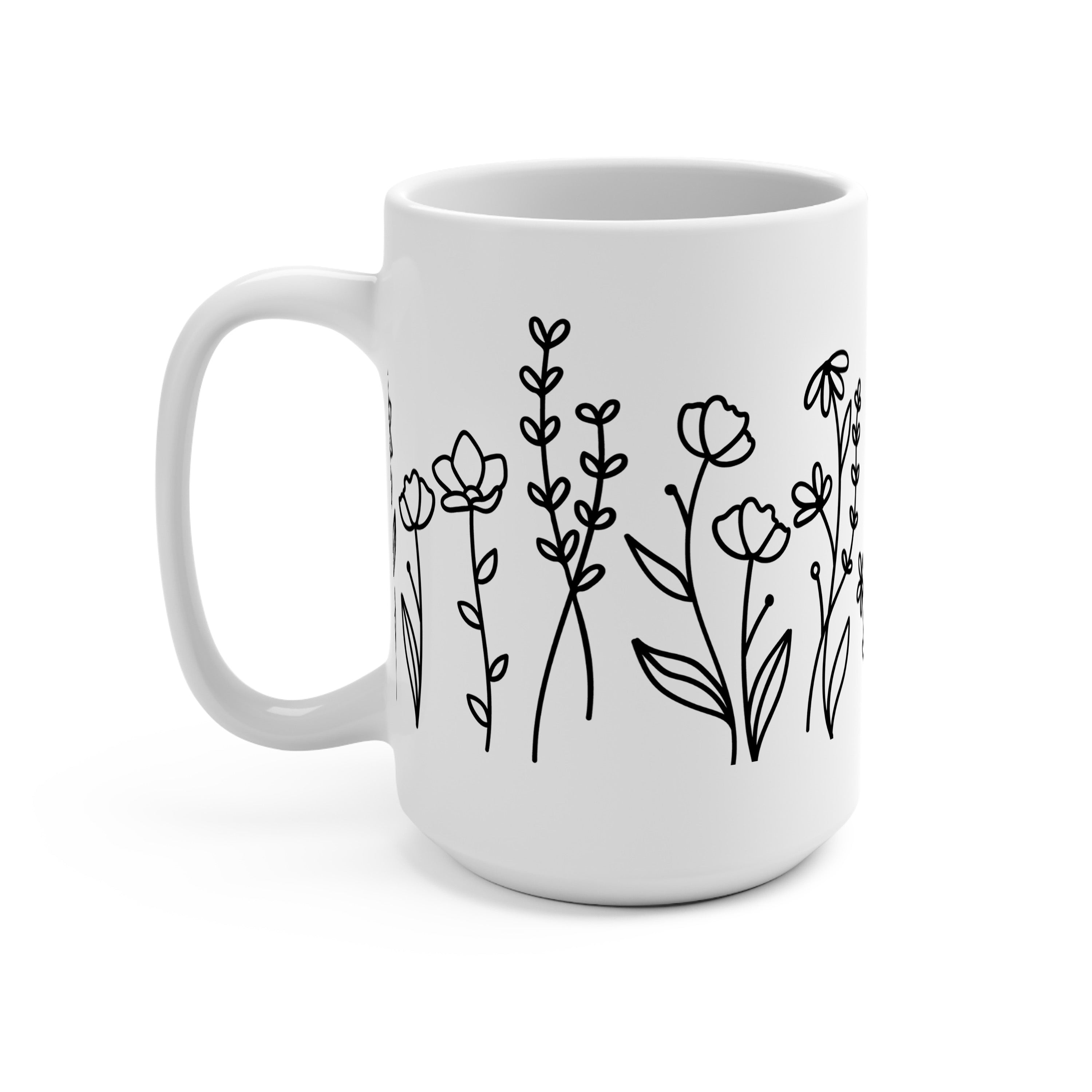 Black Wildflower Glass Cup, Mug & Tumbler with Lid and Straw