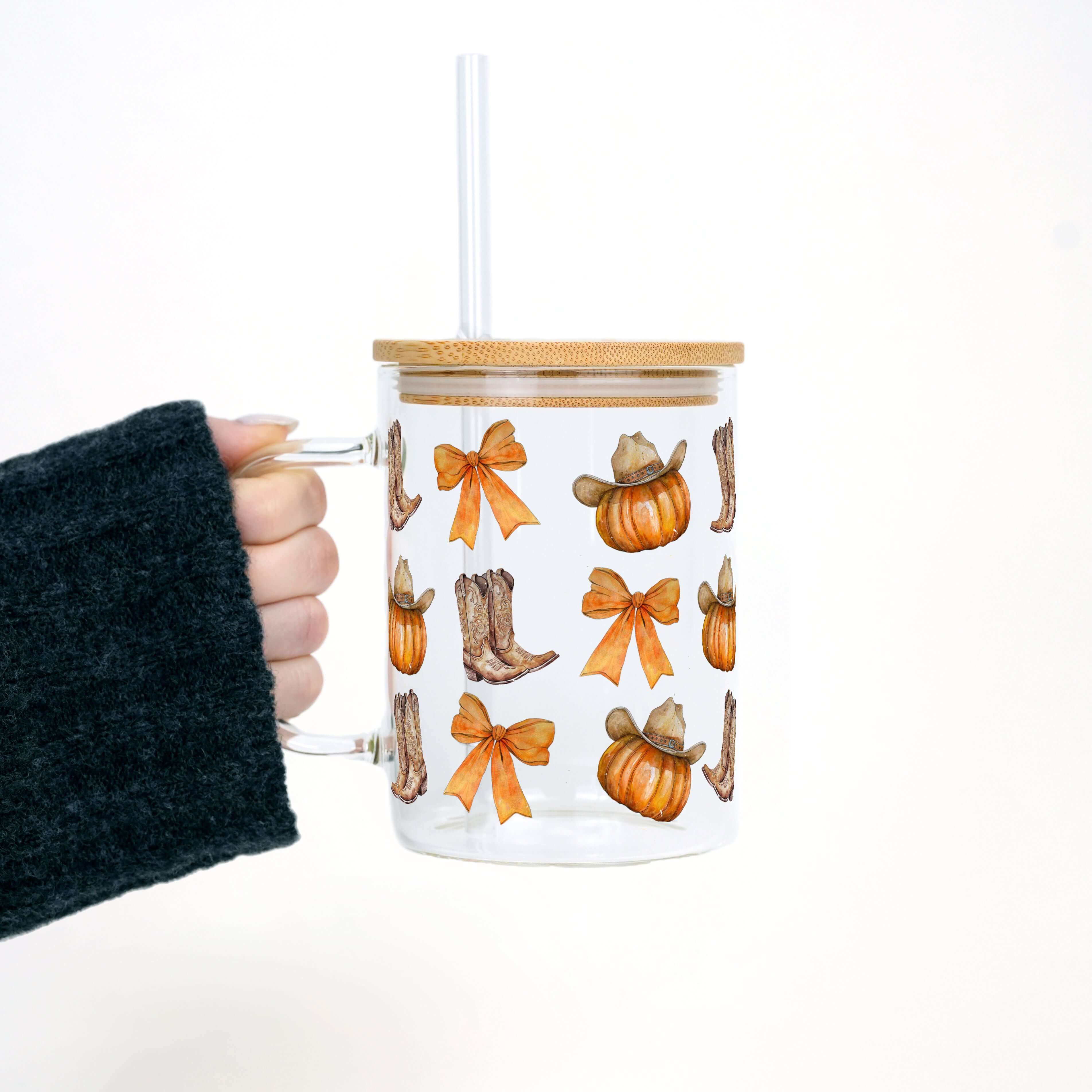 Western Pumpkins 17oz Glass Mug With Lid and Straw