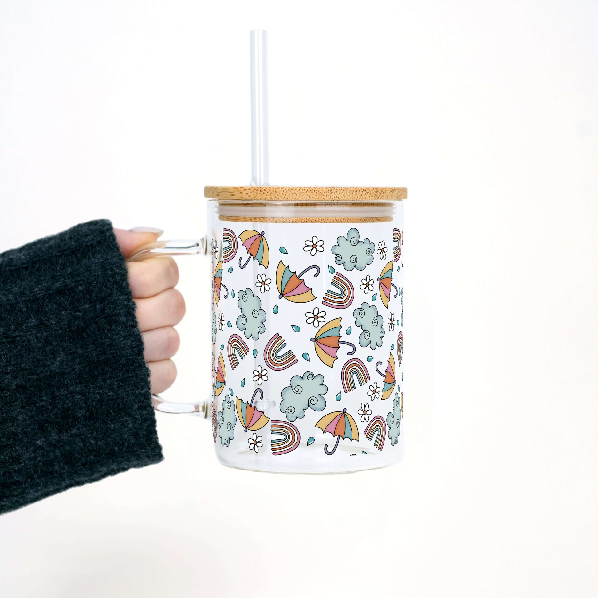 Whimsical Rainy Day 17oz Glass Mug With Lid and Straw from Sip Sip Hooray – Mugs