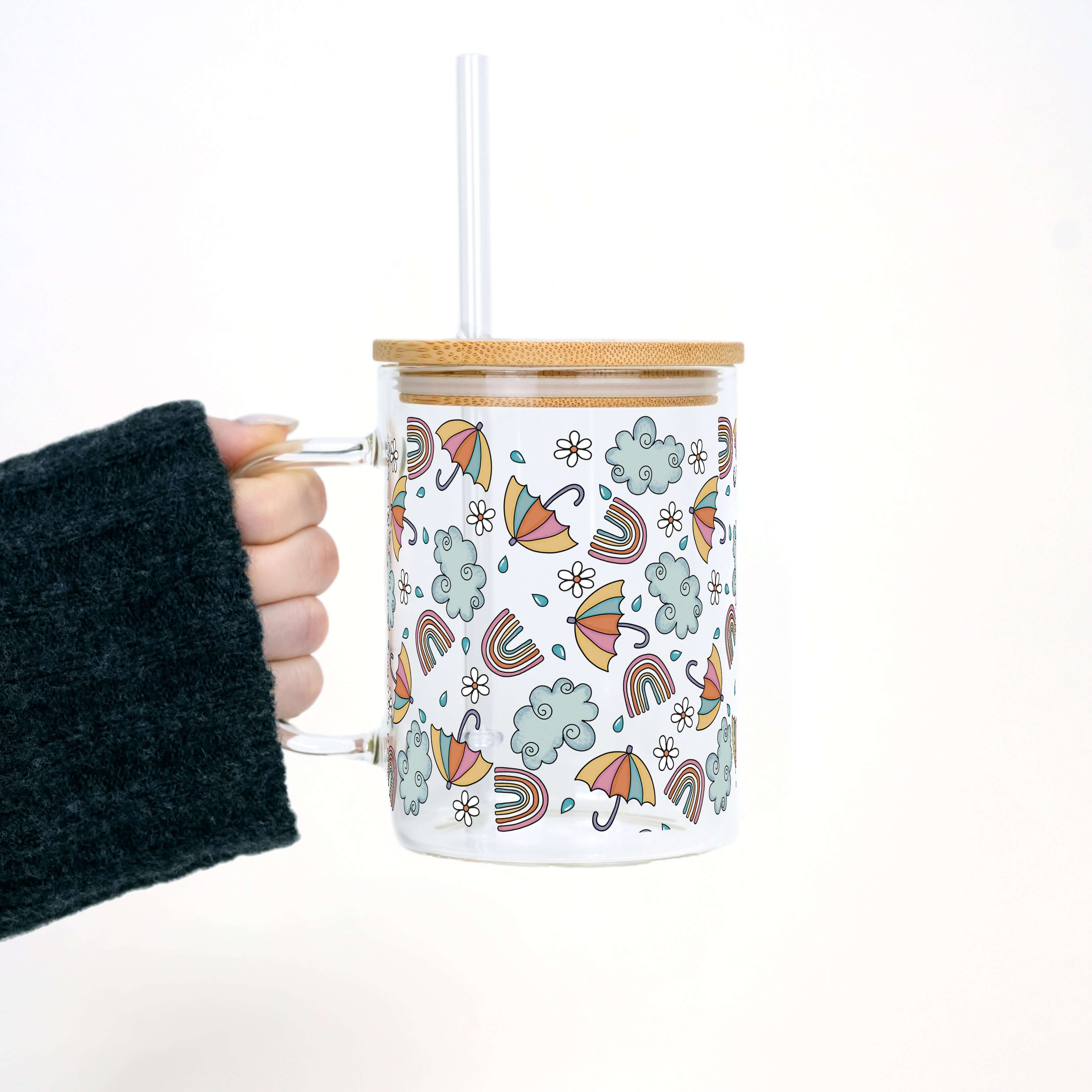 Whimsical Rainy Day 17oz Glass Mug With Lid and Straw
