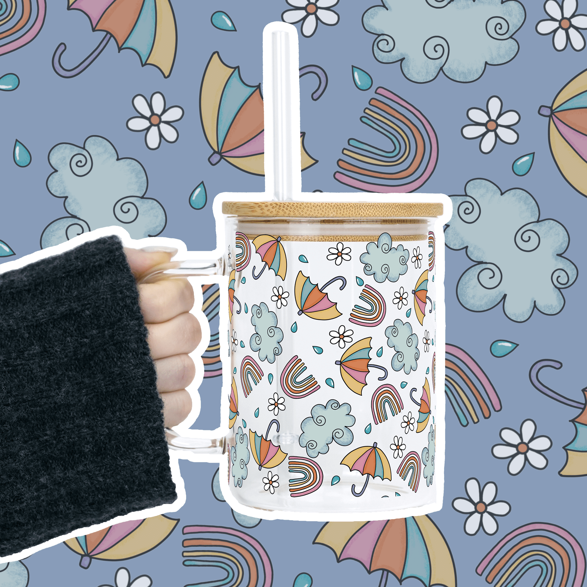 Whimsical Rainy Day 17oz Glass Mug With Lid and Straw
