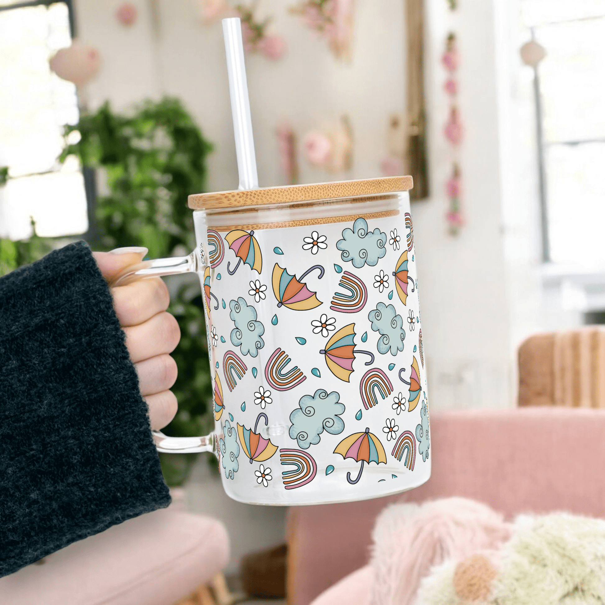 Whimsical Rainy Day 17oz Glass Mug With Lid and Straw from Sip Sip Hooray – Mugs
