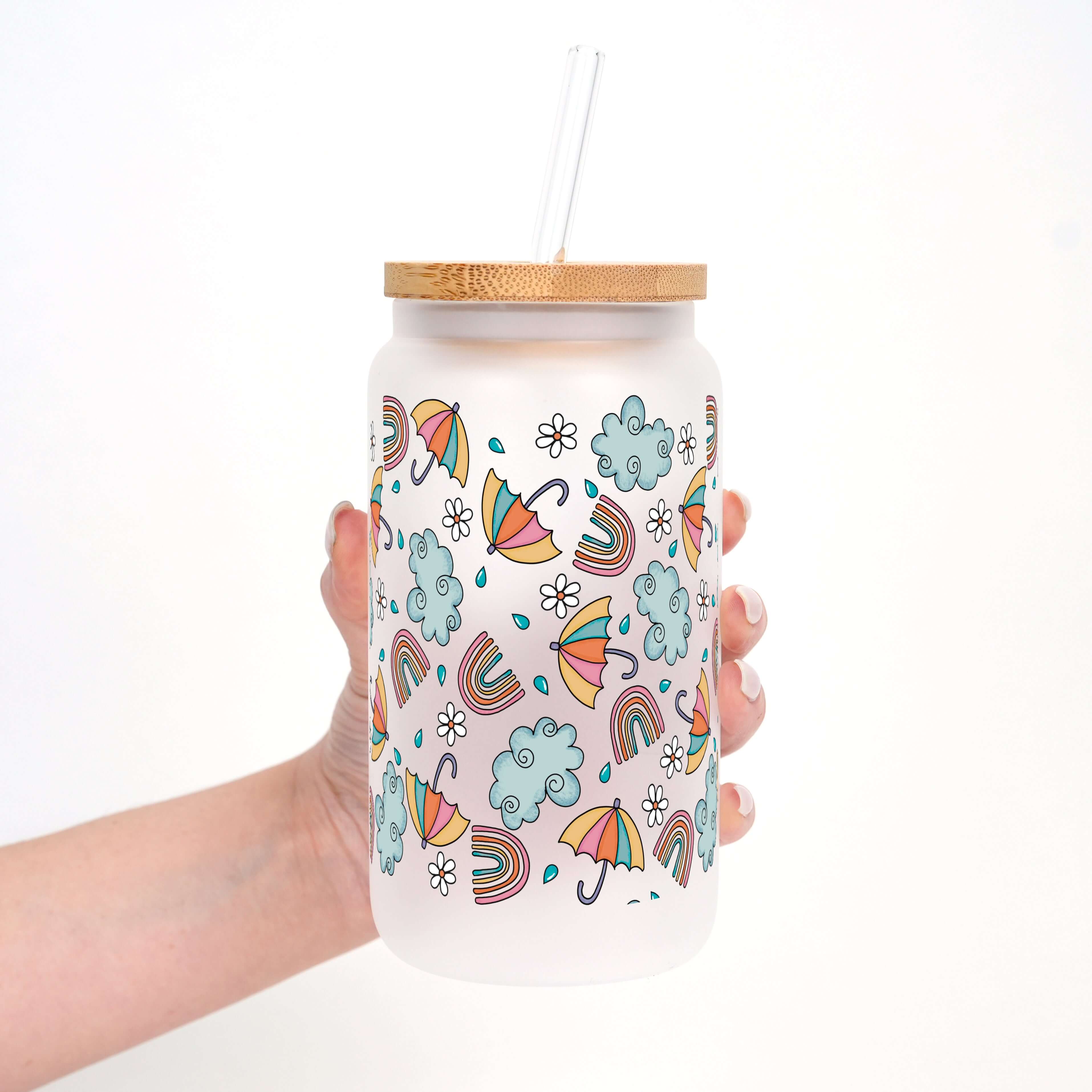 Whimsical Rainy Day Cup with Lid and Straw