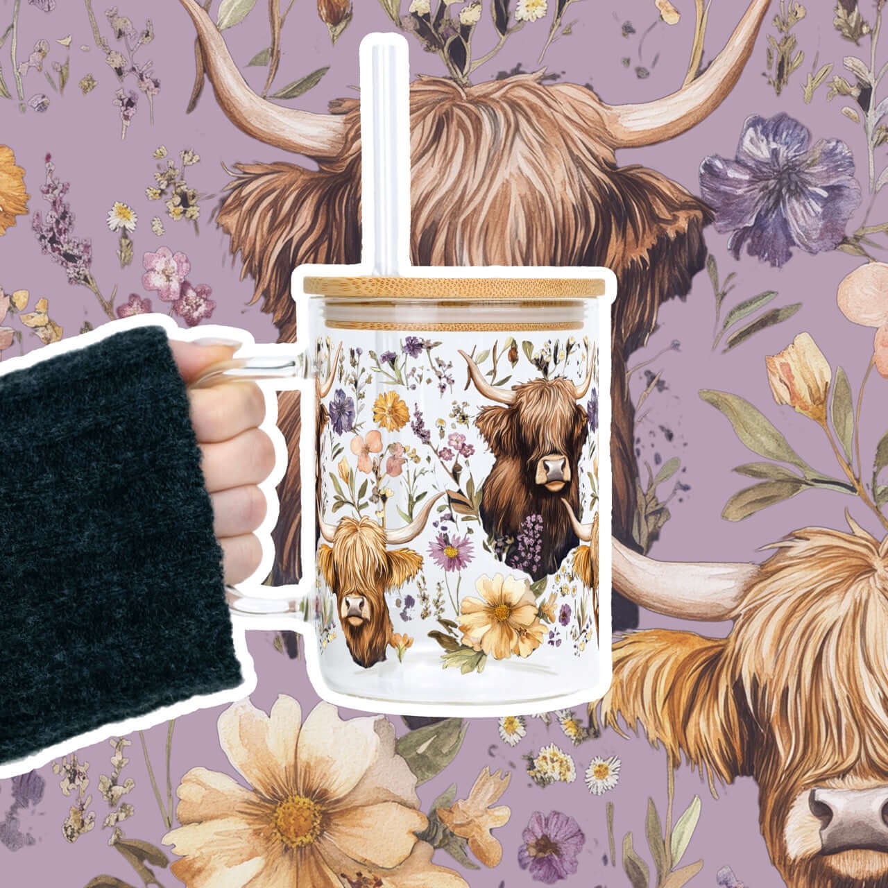 Wildflower Highland Cow 17oz Mug With Lid and Straw from Sip Sip Hooray – Mugs