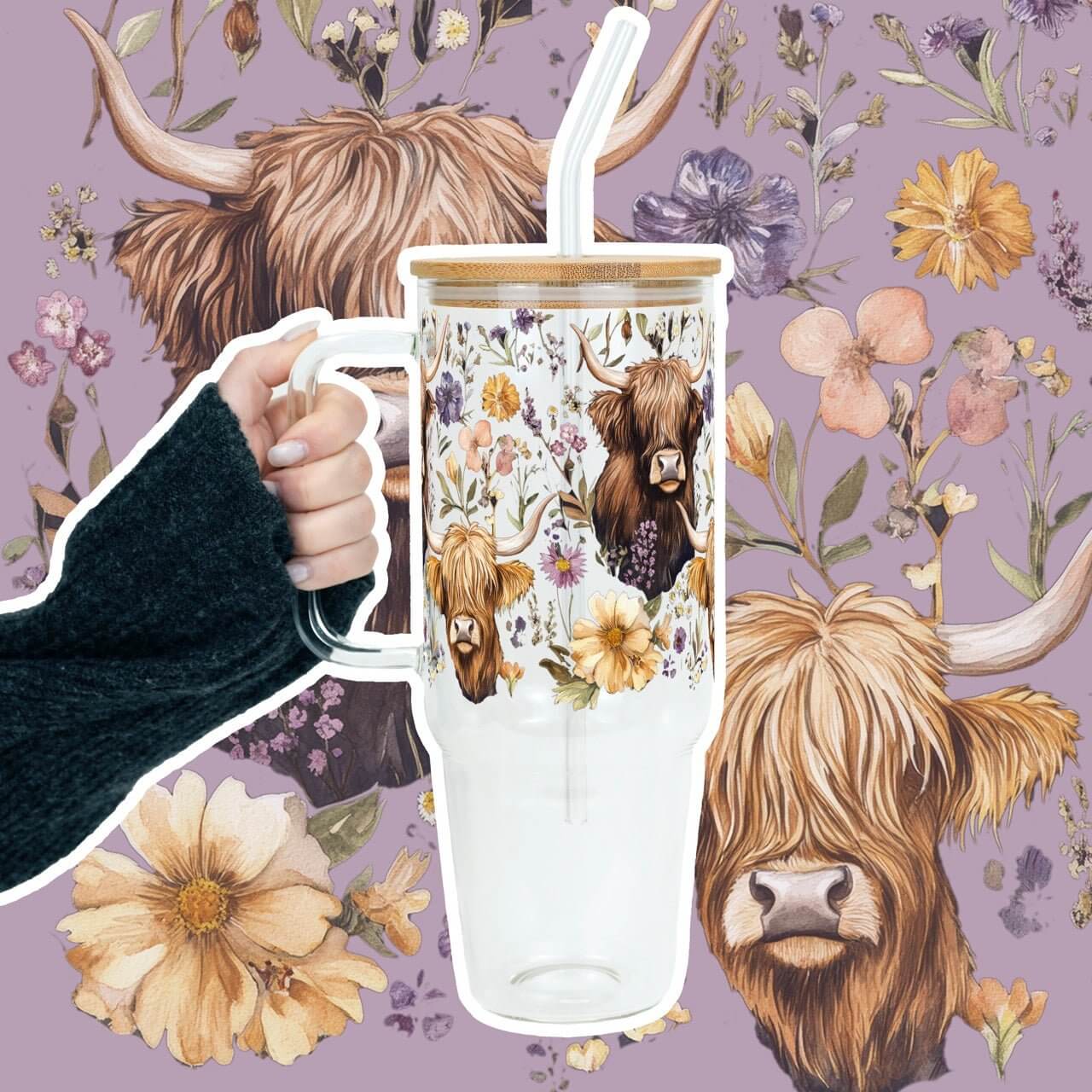 Wildflower Highland Cow 40oz Tumbler With Handle Lid and Straw from Sip Sip Hooray – Tumblers