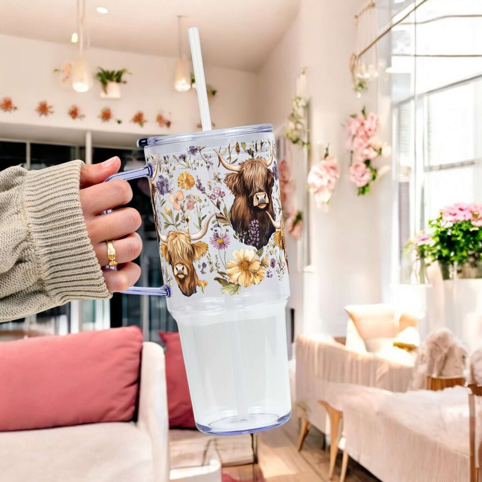 Wildflower Highland Cow 40oz Tumbler With Handle Lid and Straw from Sip Sip Hooray – Tumblers