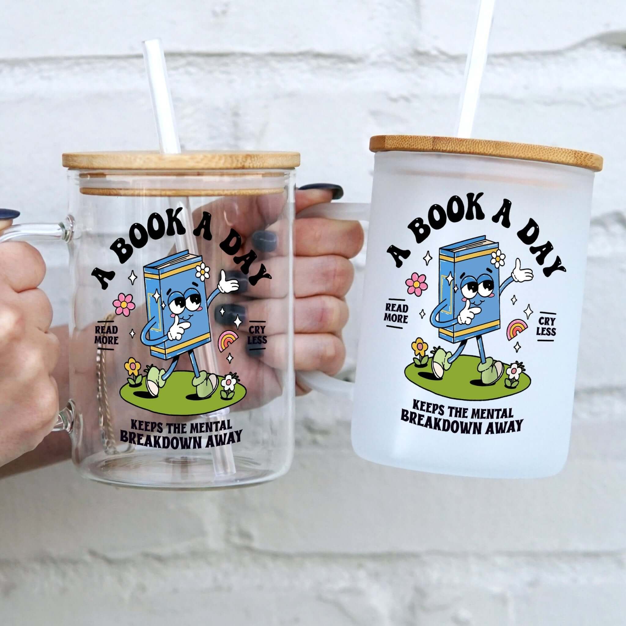 A Book A Day 17oz Glass Mug With Lid and Straw