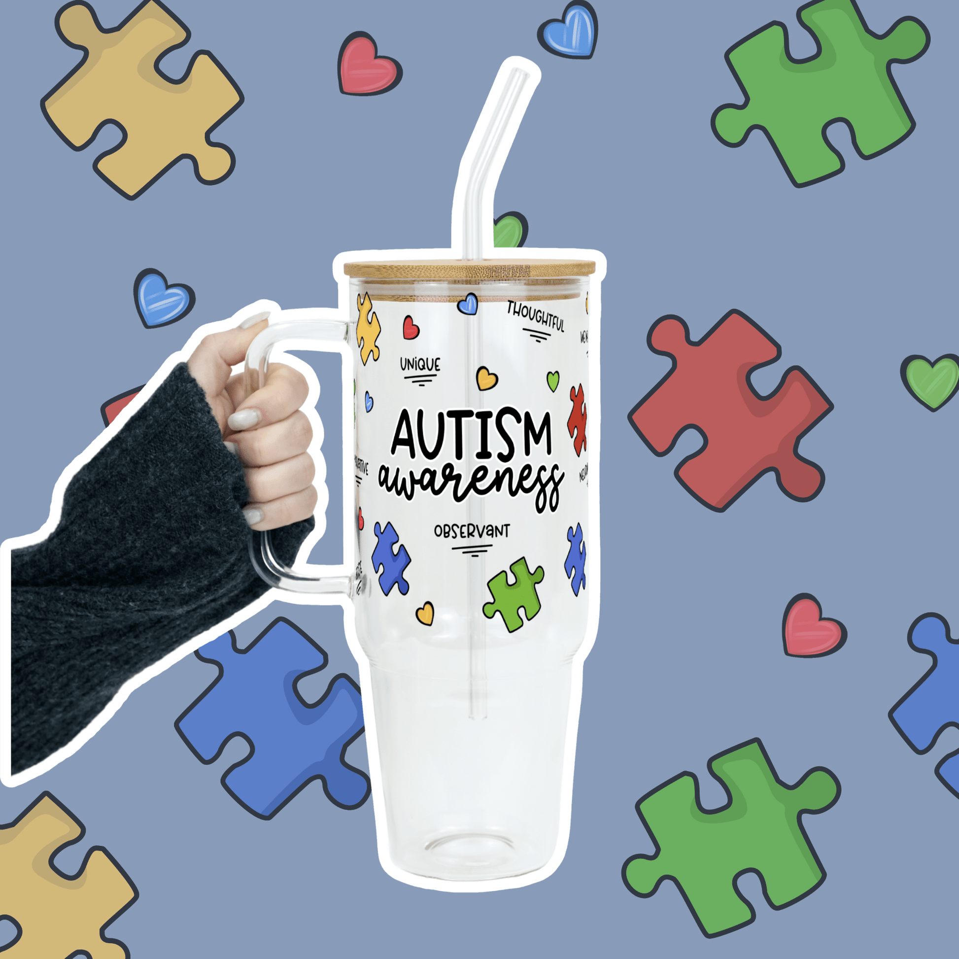 Autism Awareness Puzzle Piece 40oz Glass or Plastic Tumbler With Lid and Straw - Sip Sip Hooray