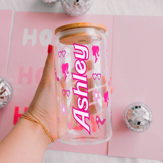 16oz Personalized Barbie Themed Glass Can Cup With Lid and Straw
