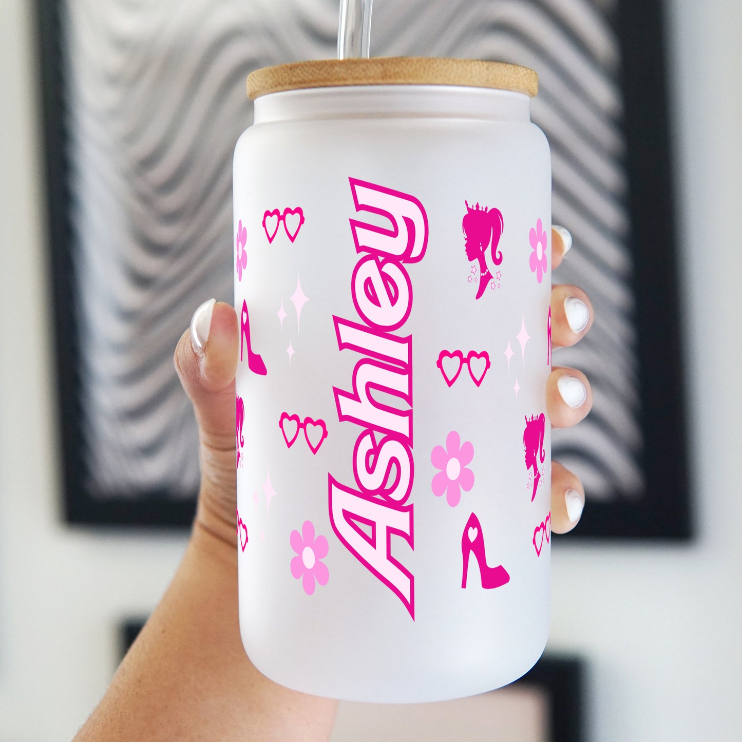16oz Personalized Barbie Themed Glass Can Cup With Lid and Straw
