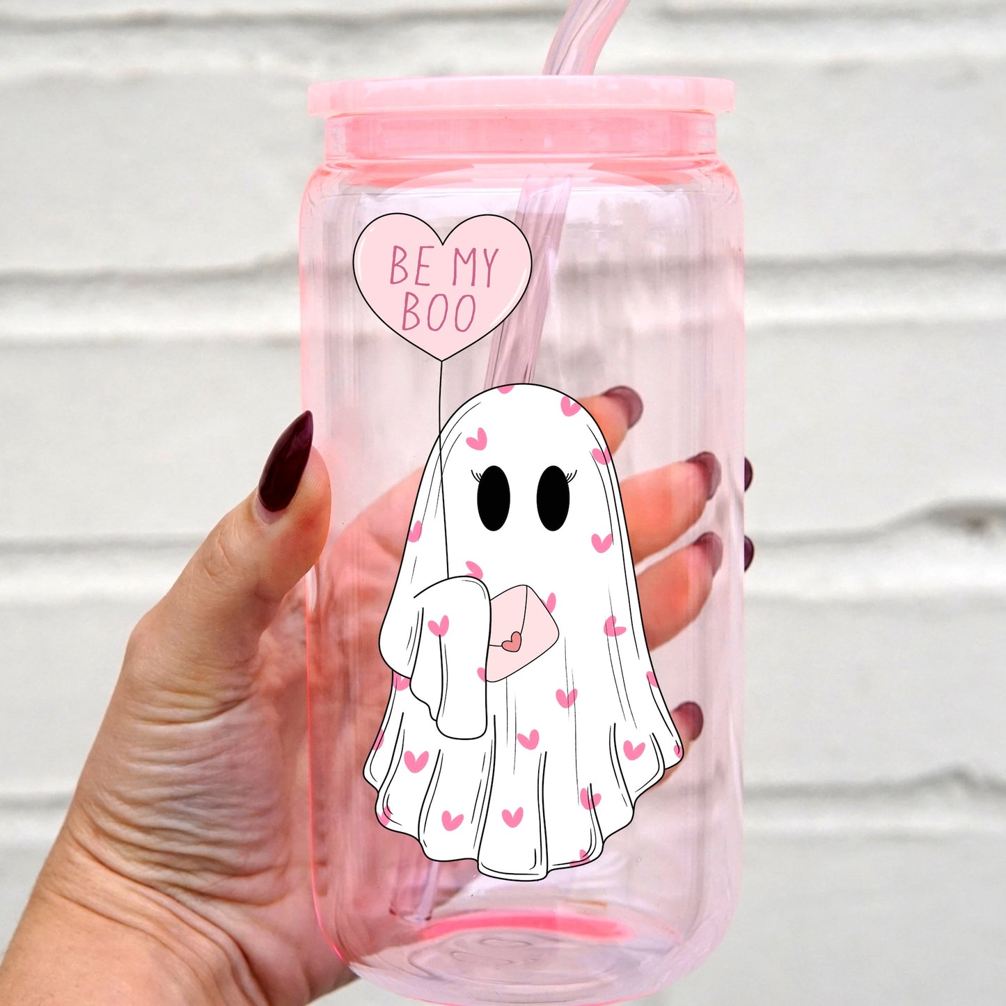 16oz Be My Boo Valentine's Day Glass Can Cup with Lid and Straw