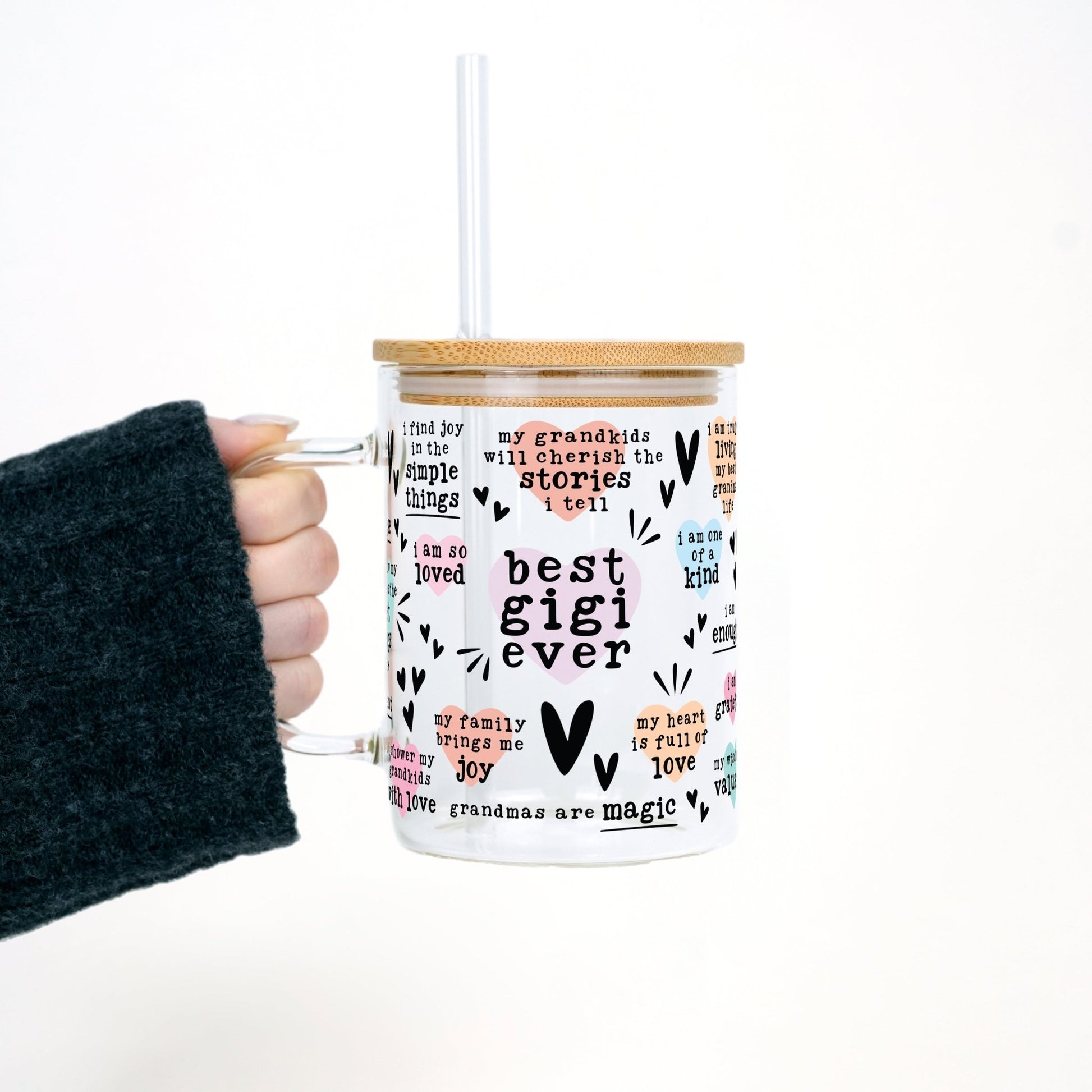 Best Grandma, Gigi, or Nana Ever 17oz Glass Mug With Lid and Straw - Sip Sip Hooray