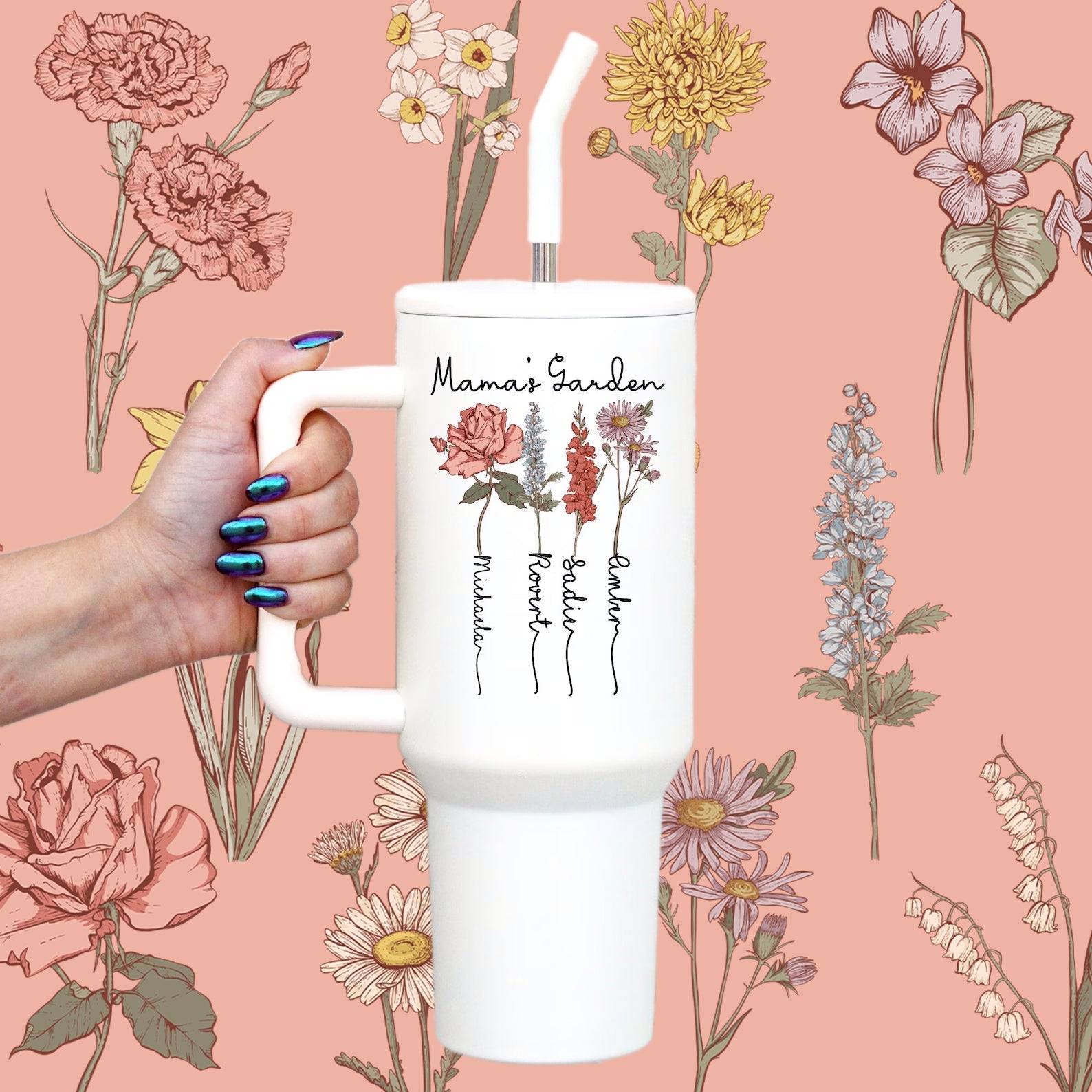 Birth Flower Garden 40oz Metal Tumbler With Lid and Straw - Sip Sip Hooray