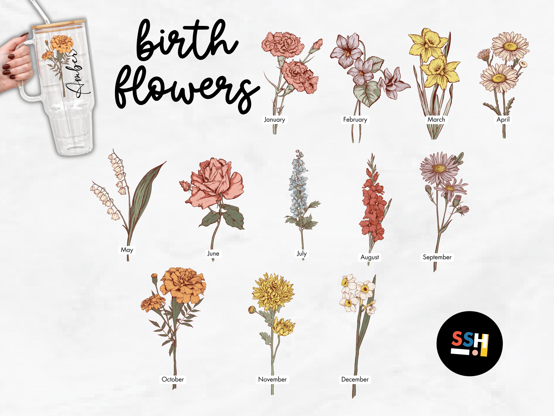 Birth Flower Garden 40oz Metal Tumbler With Lid and Straw - Sip Sip Hooray