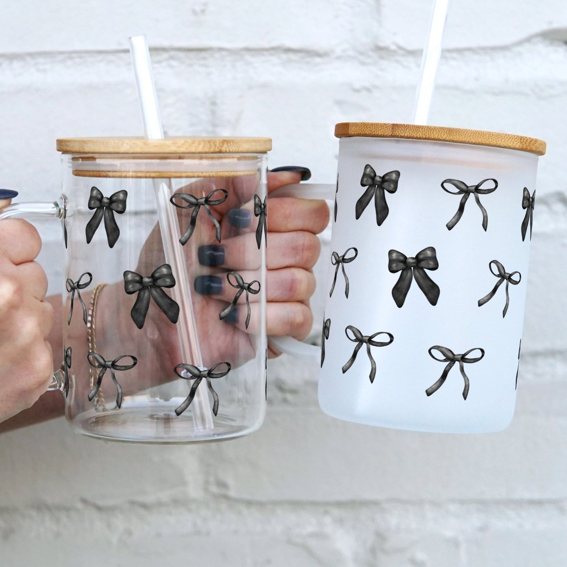 Black Bows 17oz Glass Mug With Lid and Straw - Sip Sip Hooray