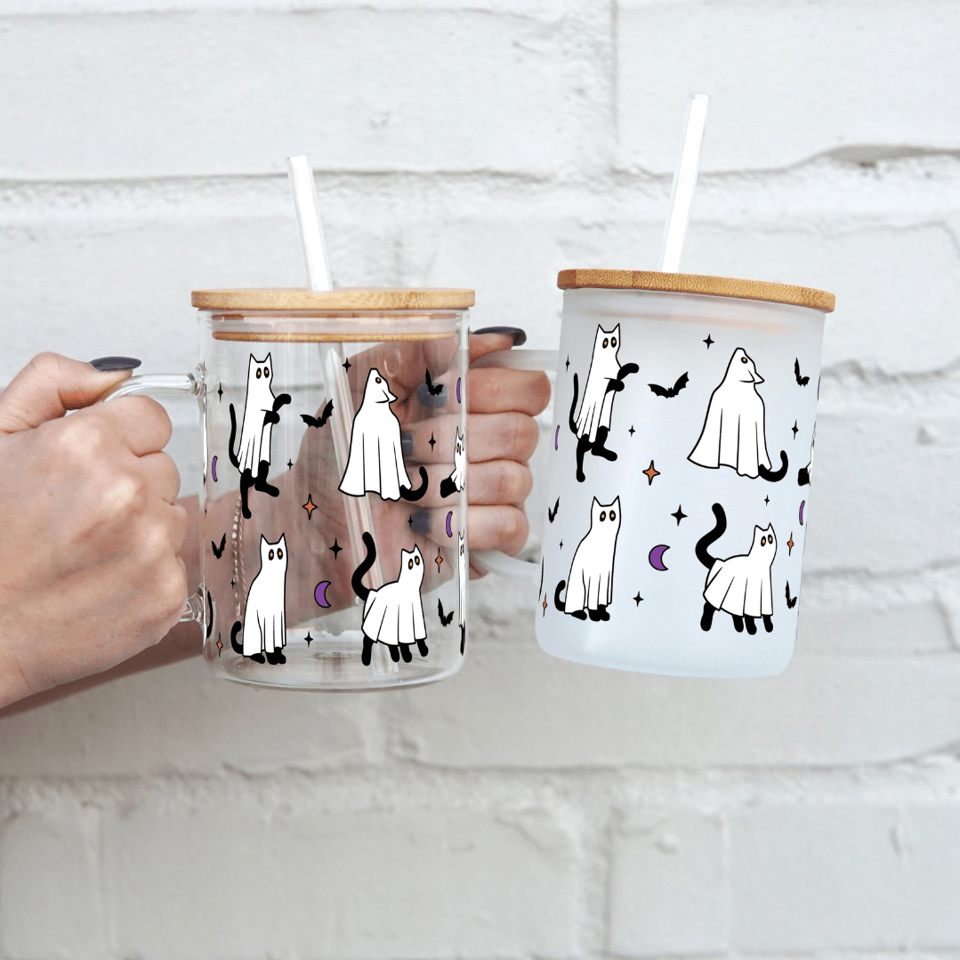Black Cat Ghosts 17oz Glass Mug With Lid and Straw - Sip Sip Hooray