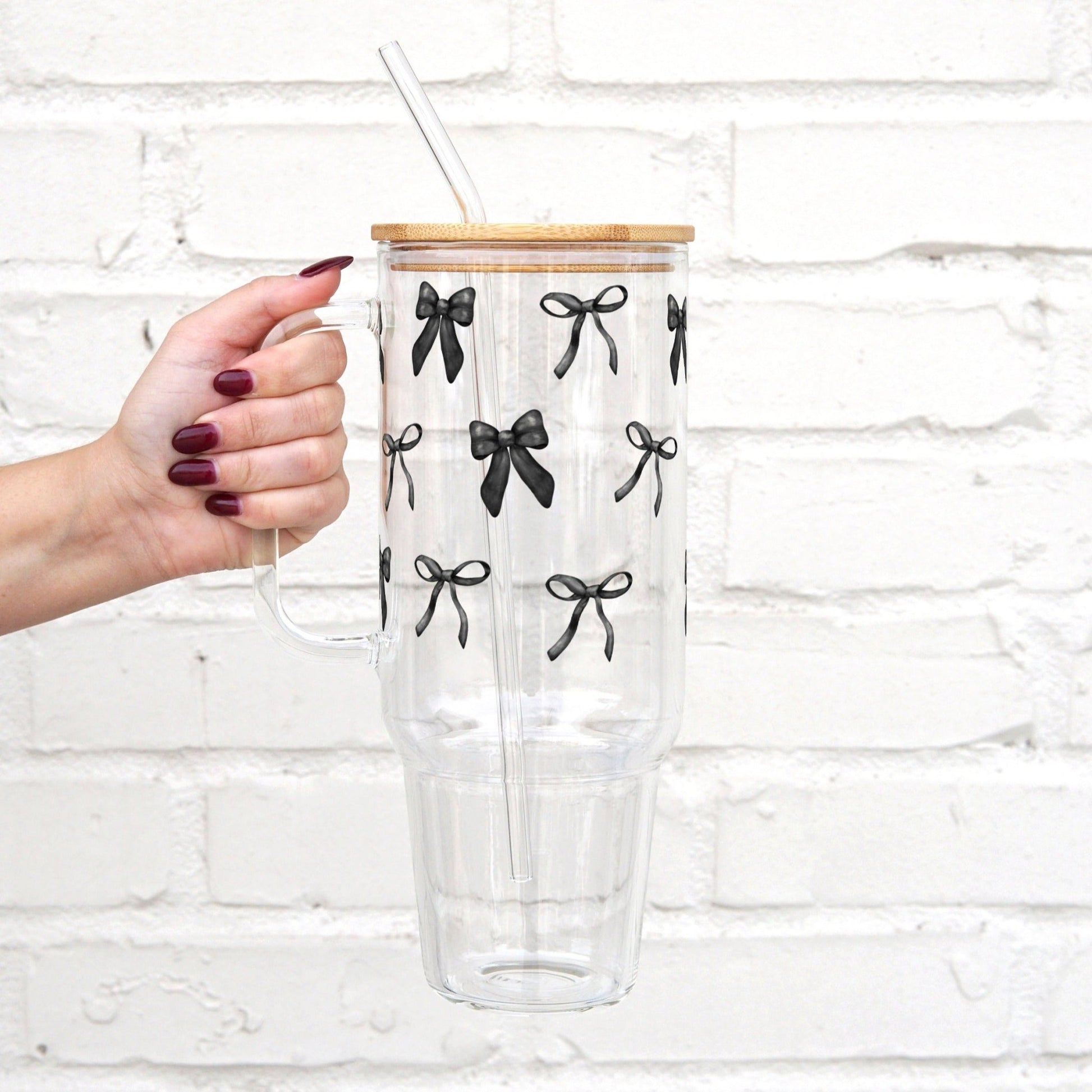 Black Coquette Bows 40oz Glass or Plastic Tumbler with Lid and Straw - Sip Sip Hooray