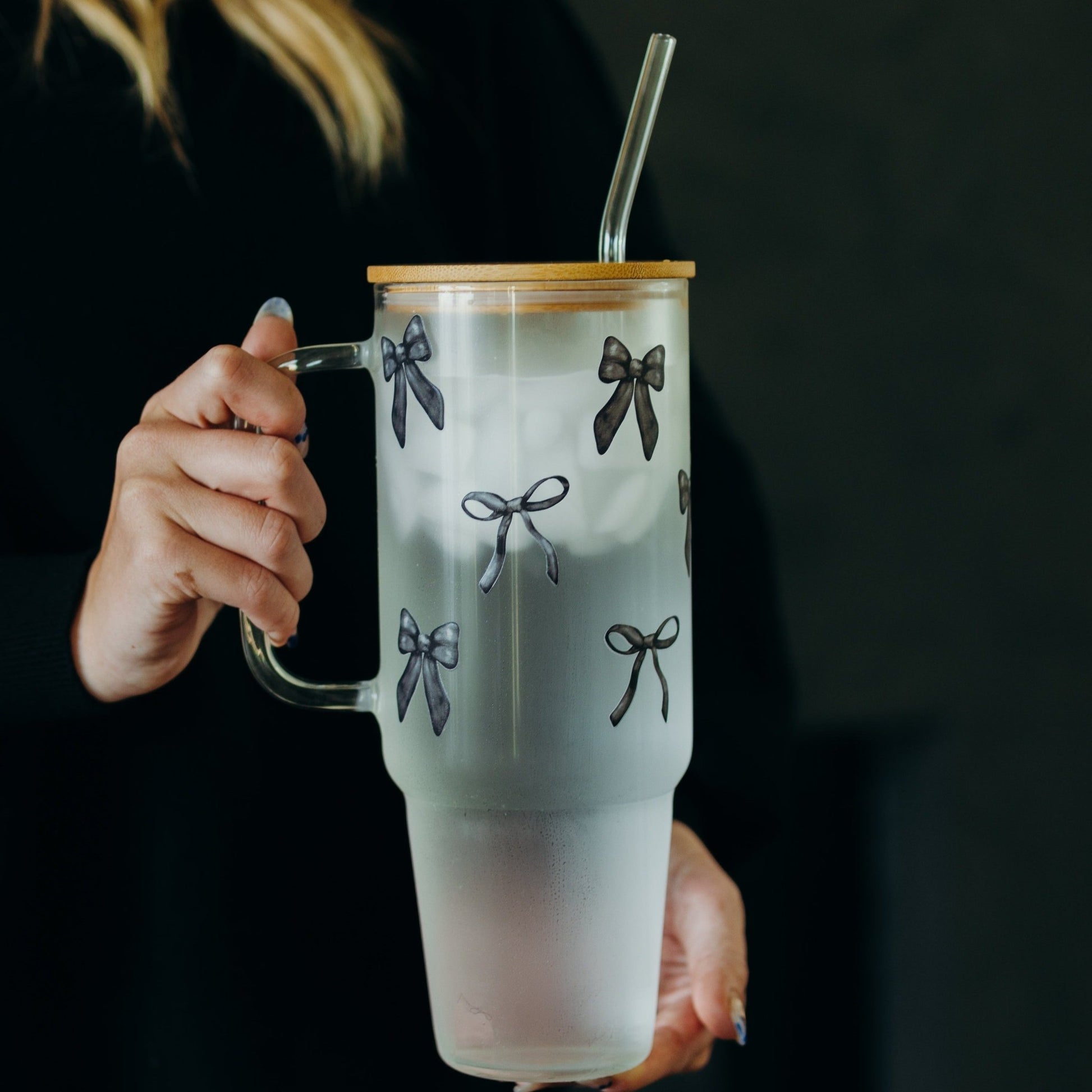 Black Coquette Bows 40oz Glass or Plastic Tumbler with Lid and Straw - Sip Sip Hooray
