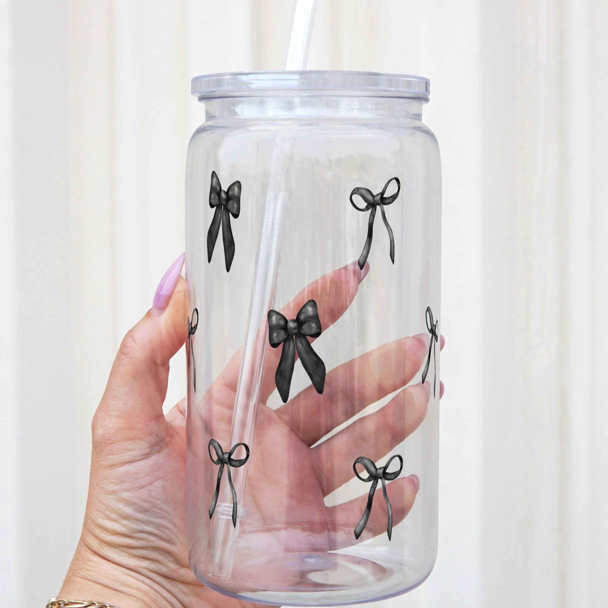 Black Coquette Bows Can Cup With Lid and Straw - Sip Sip Hooray