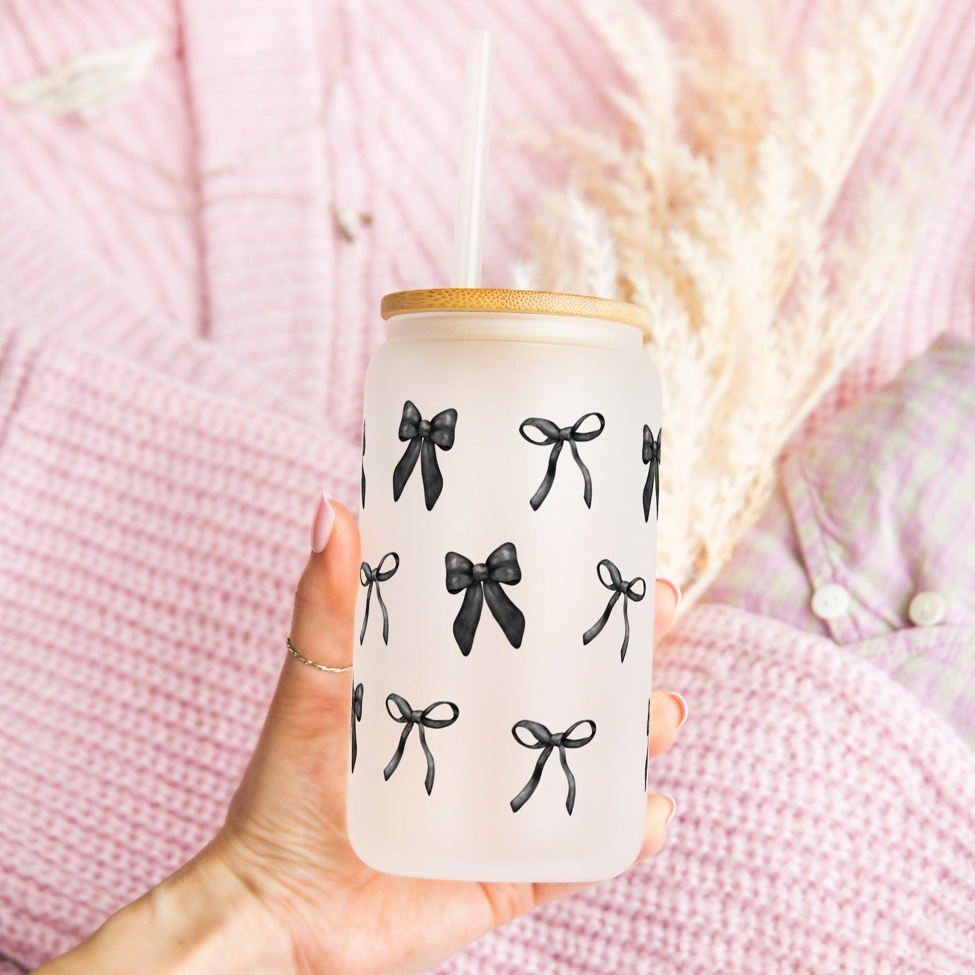 Black Coquette Bows Can Cup With Lid and Straw - Sip Sip Hooray