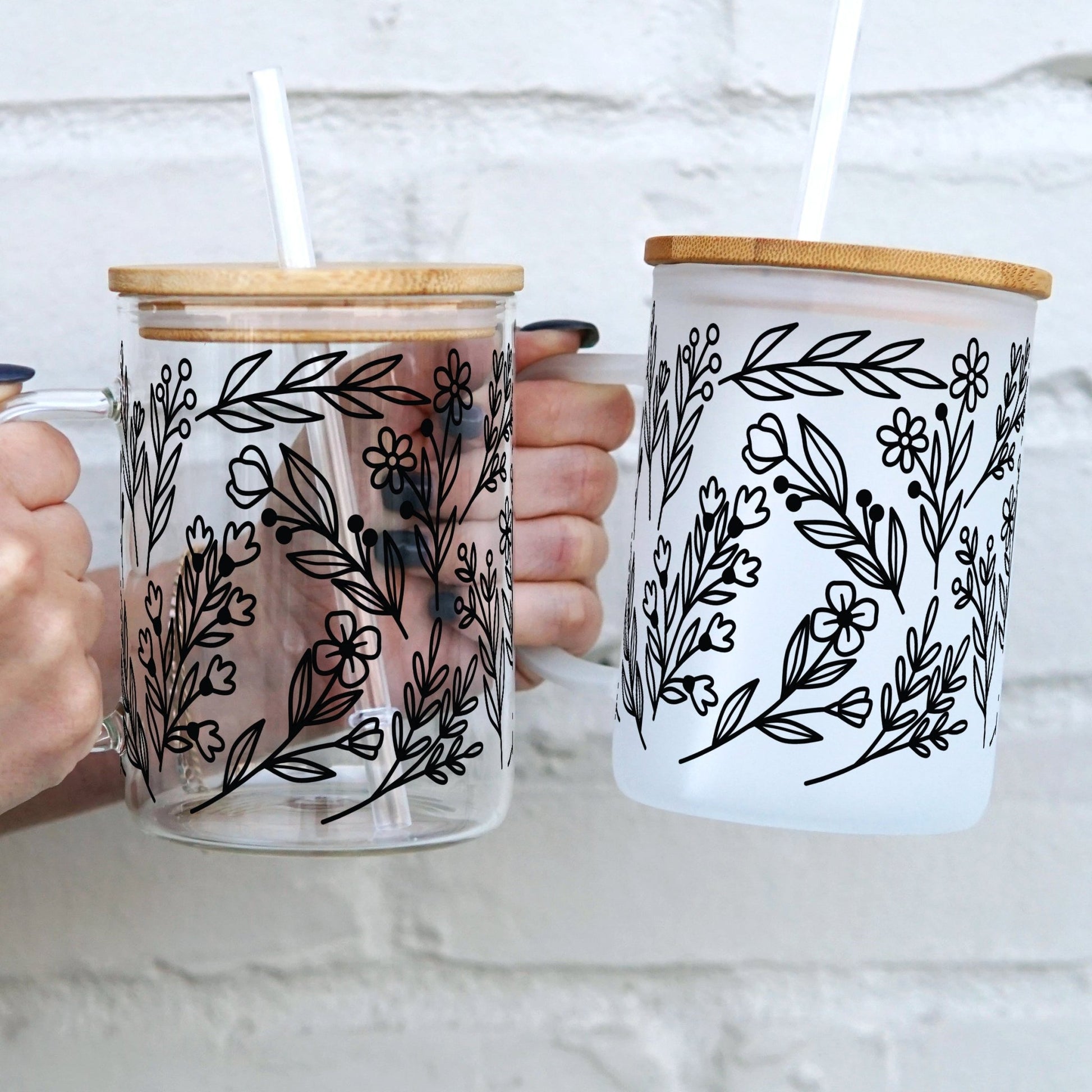 Black Flower 17oz Glass Mug With Lid and Straw - Sip Sip Hooray