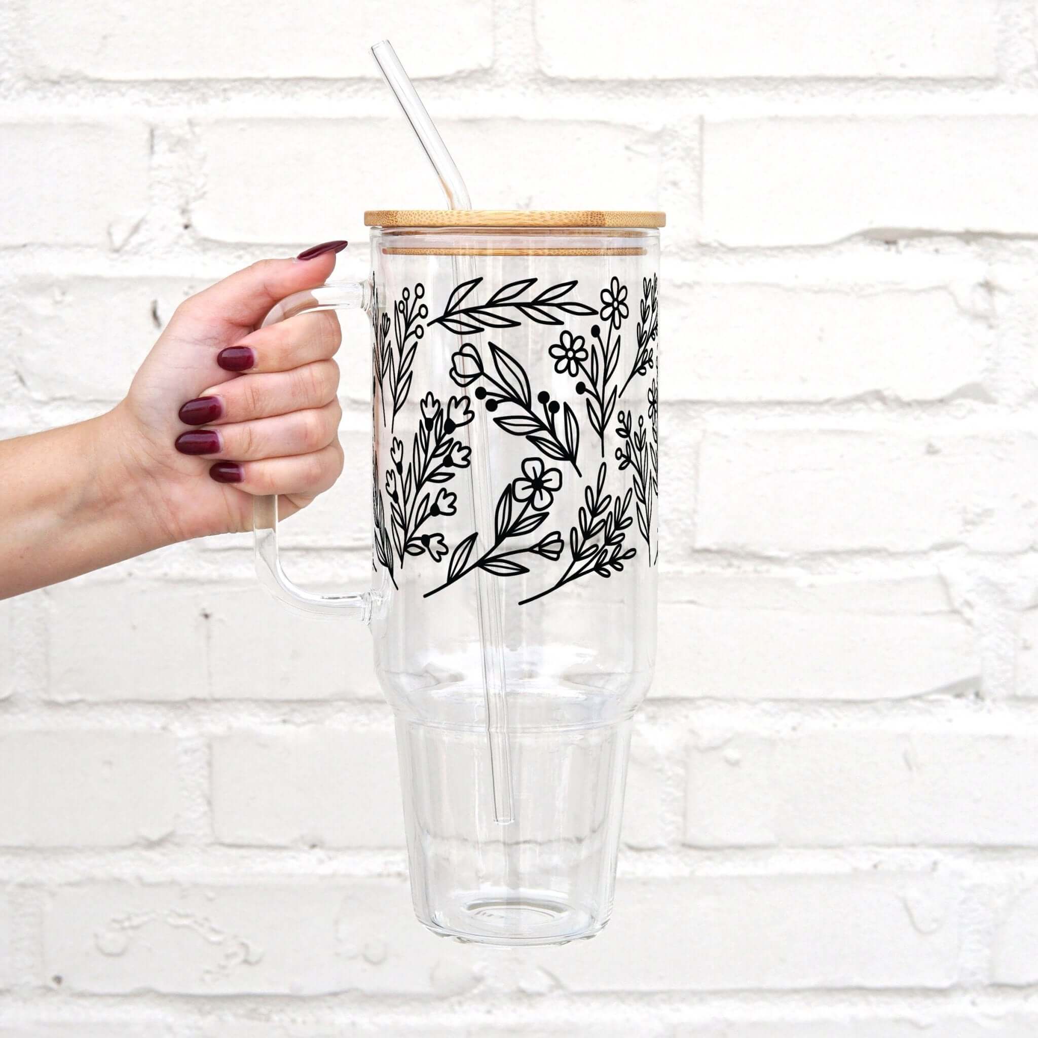 Black Flower Tumbler With Lid and Straw