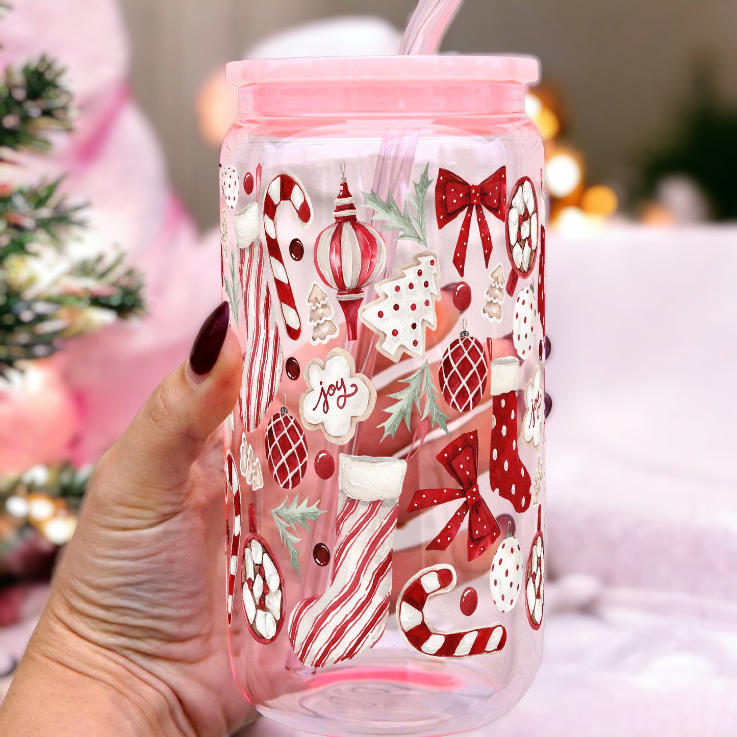 Cozy Christmas Things 16oz Glass Can Cup With Lid and Straw