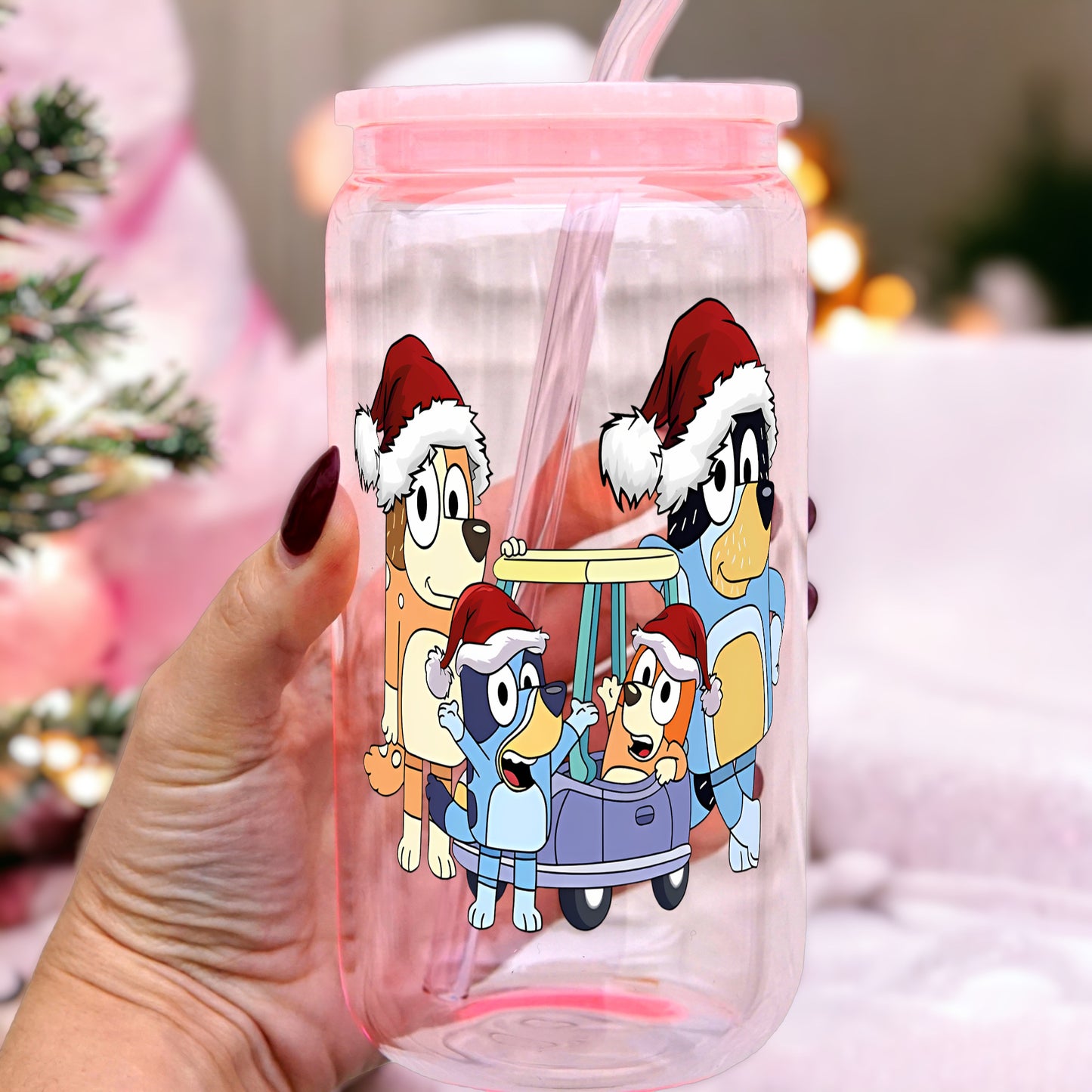 Blue Character Christmas Theme 16oz Glass Can Cup With lid and Straw