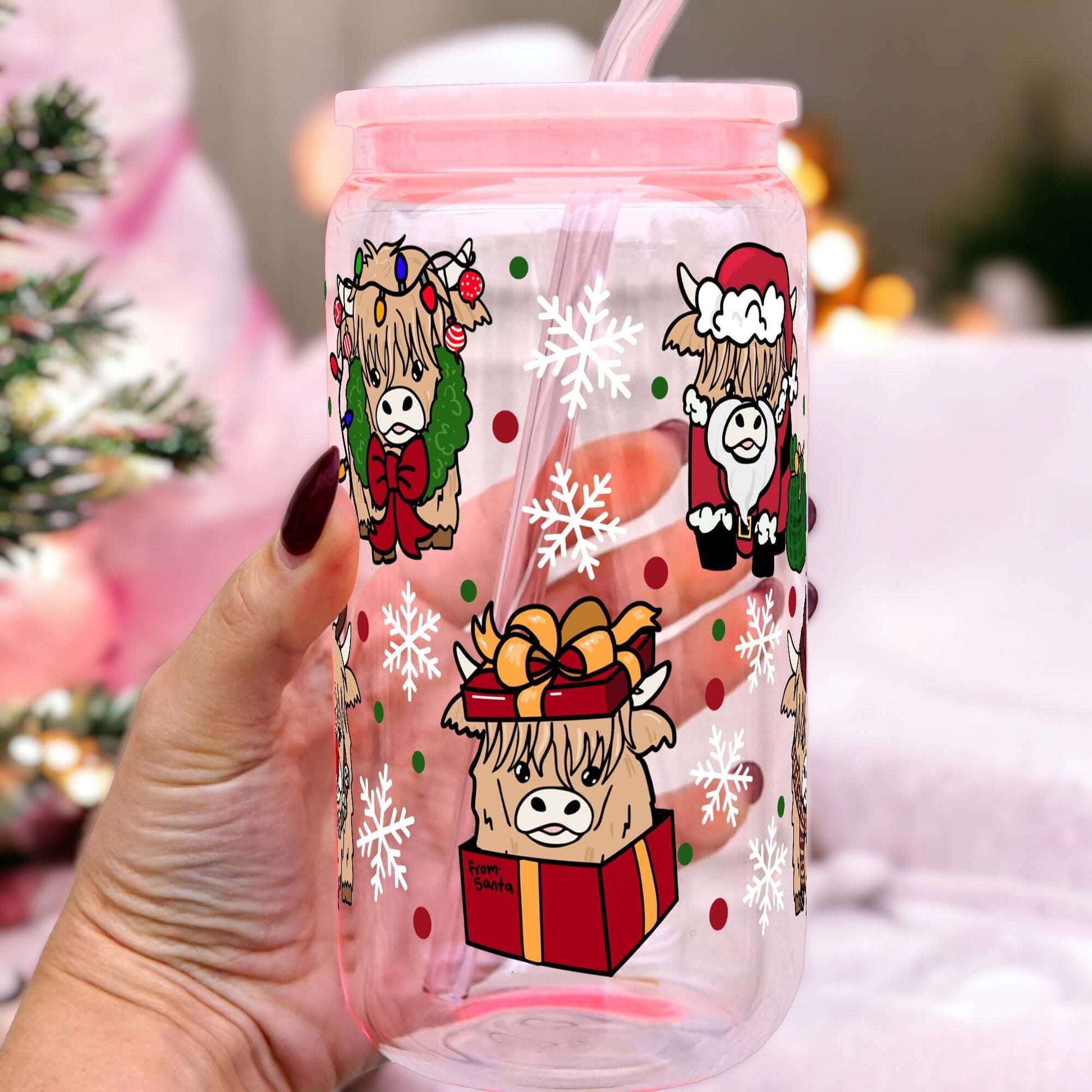 Highland Holiday 16oz Christmas Glass Can Cup Lid & Straw | Sip Sip Hooray