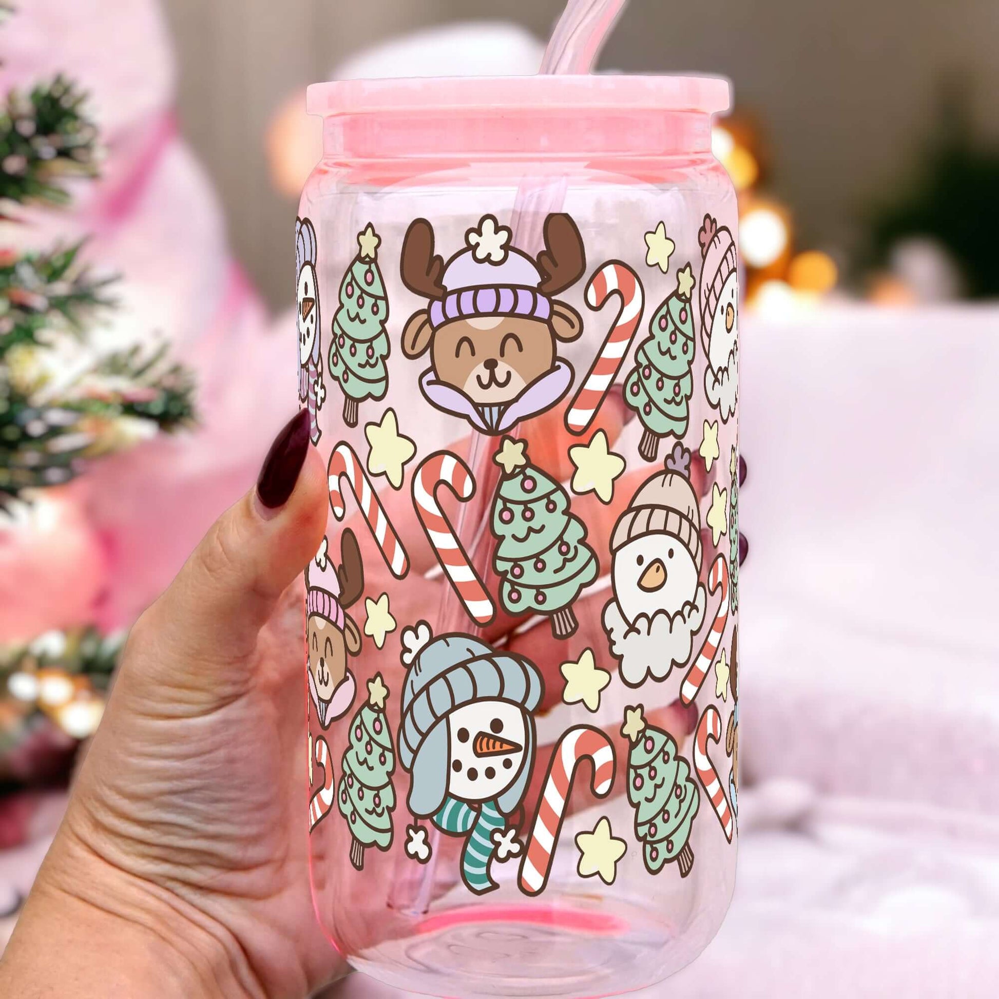 Christmas Cuties 16oz Glass Can Cup with Lid & Straw | Sip Sip Hooray