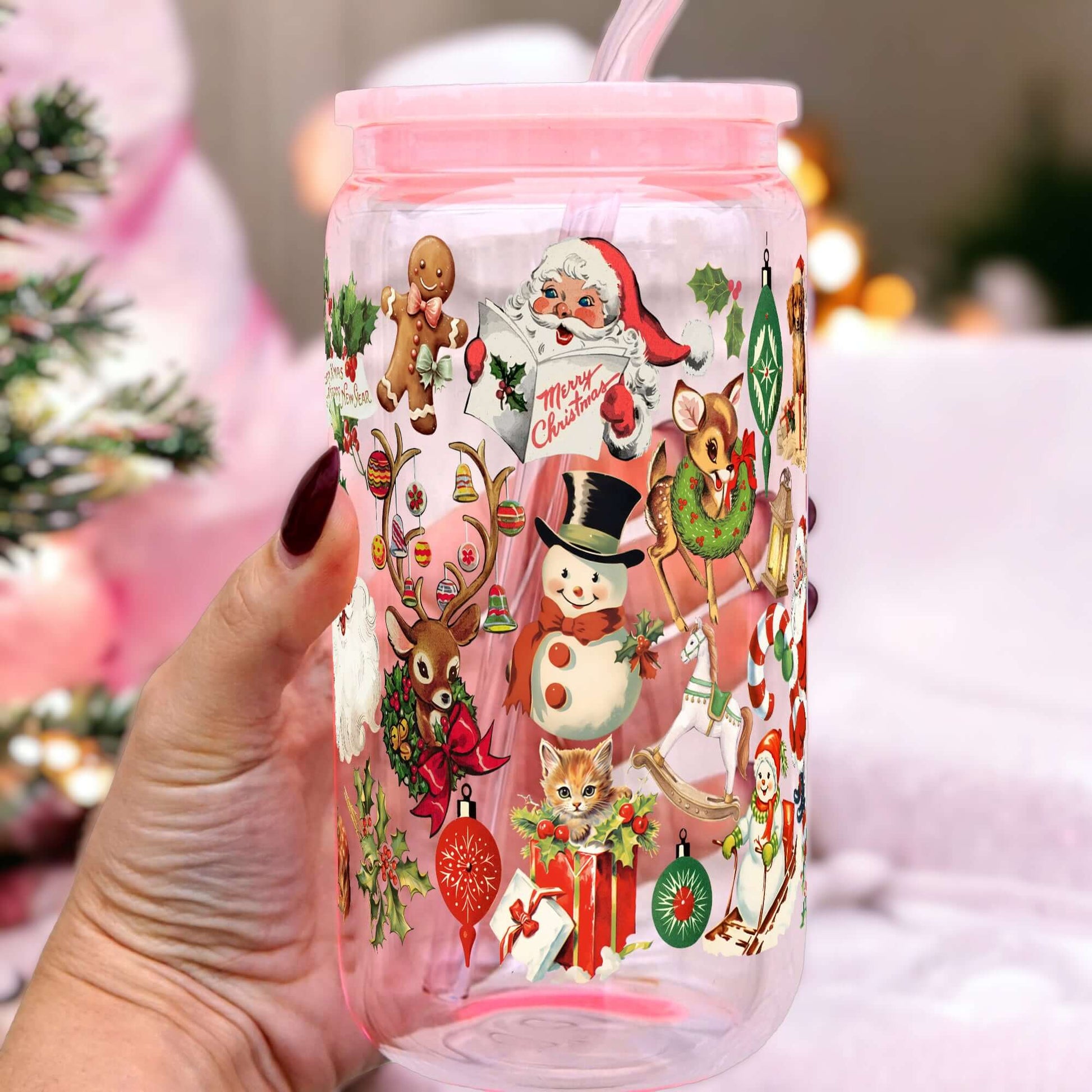 Nostalgic Christmas 16oz Glass Can Cup with Lid & Straw | Sip Sip Hooray