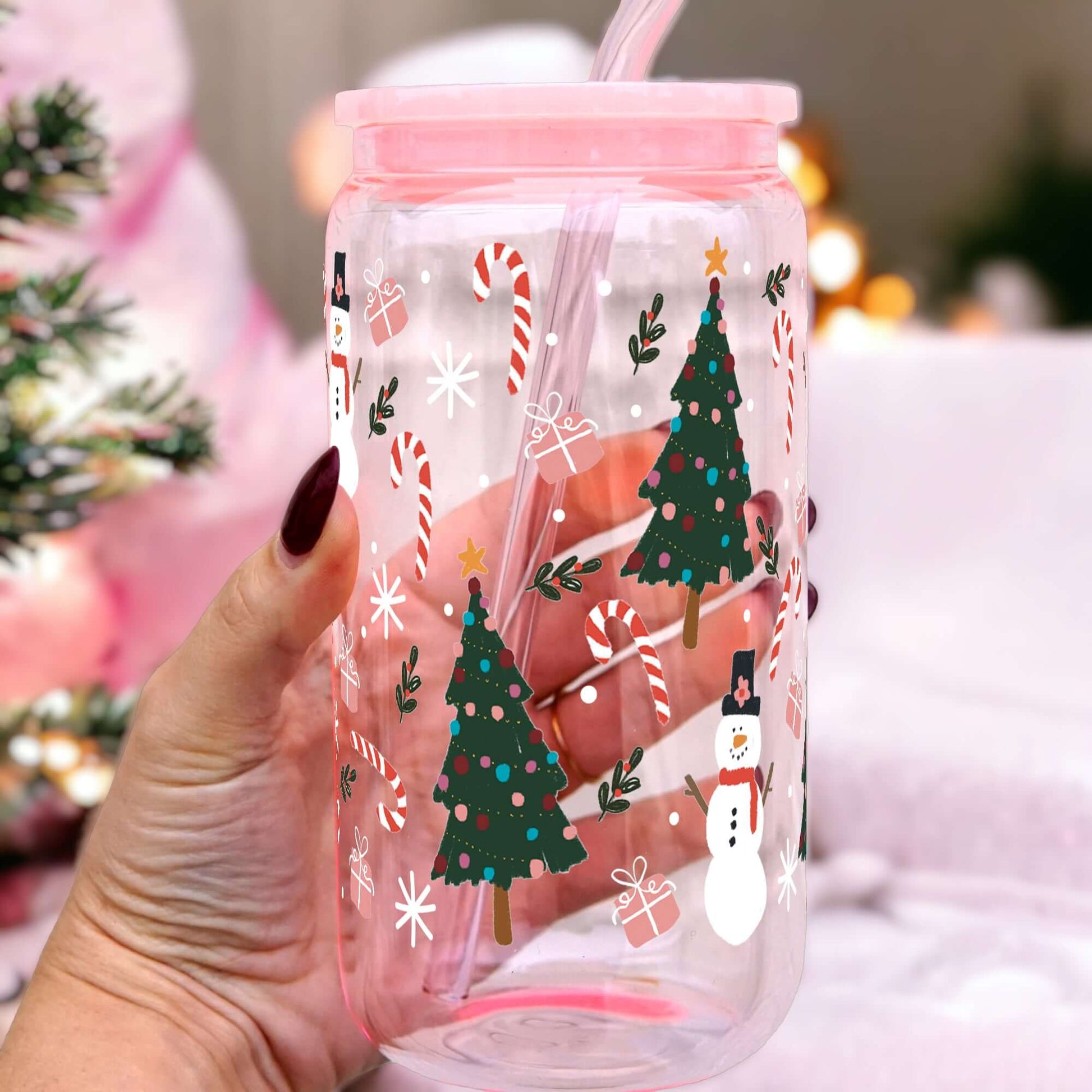 Jolly Little Christmas 16oz Glass Can Cup with Lid & Straw | Sip Sip Hooray